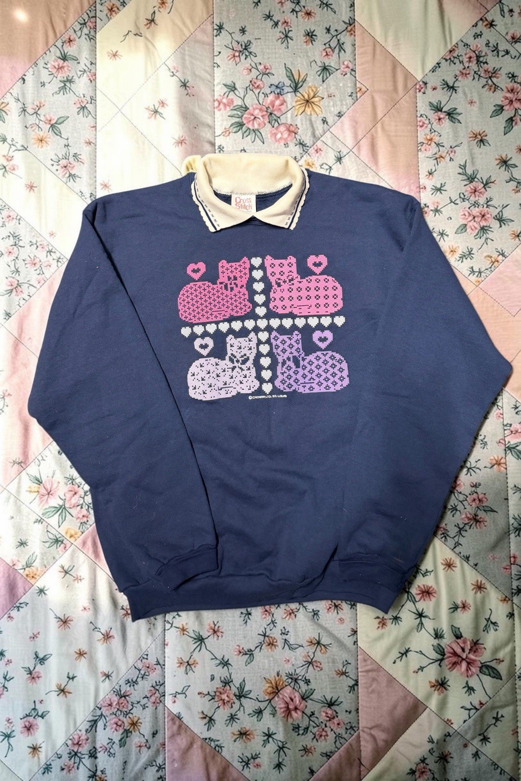 Granny Sweater Grandma Core Size XL Cat Kitty Cross Stitch Style Sweatshirt VTG