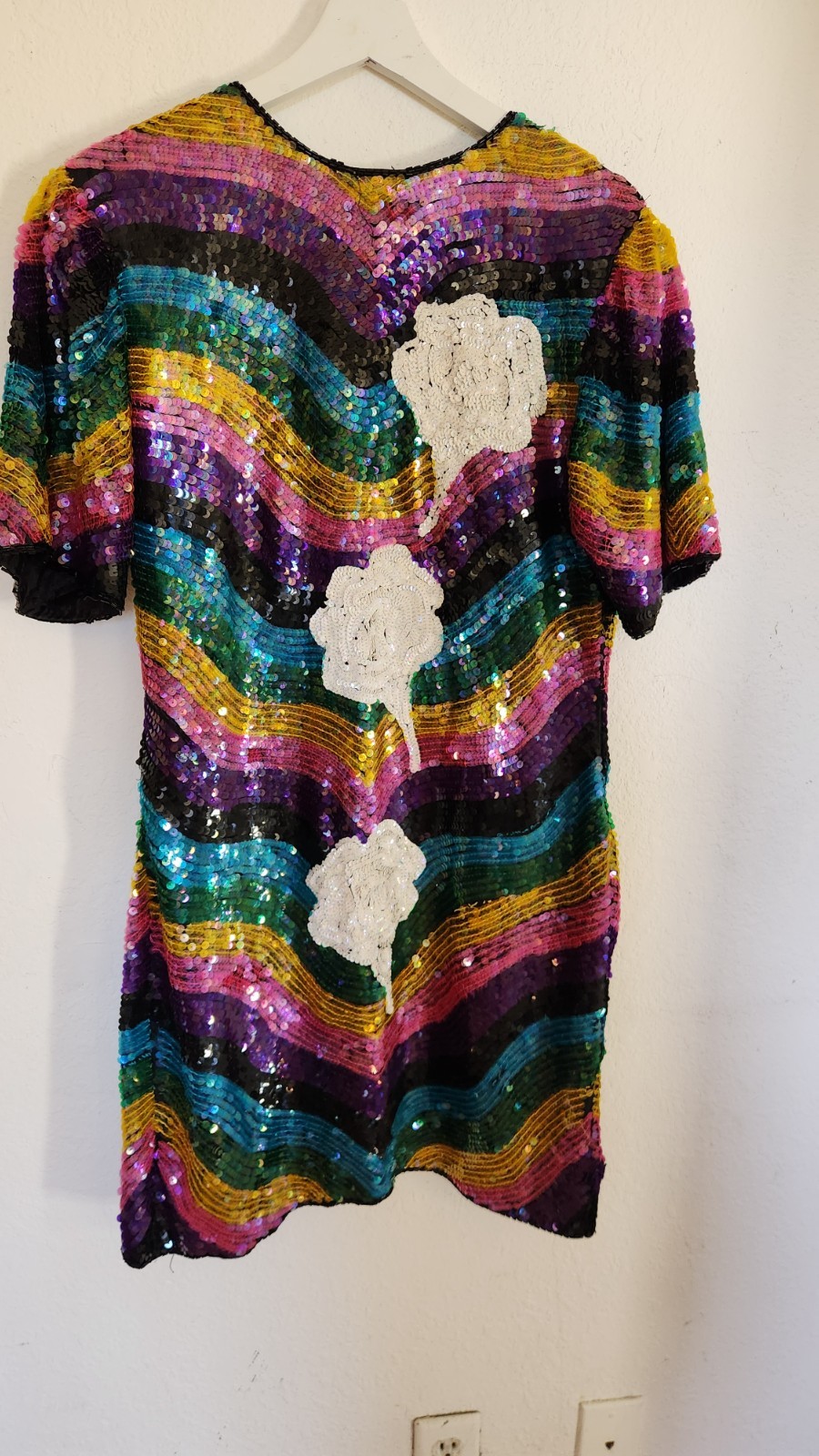 1980s Rainbow Stripe Silk Beaded Sequin Dress I Sz Med Imperial Handicrafts