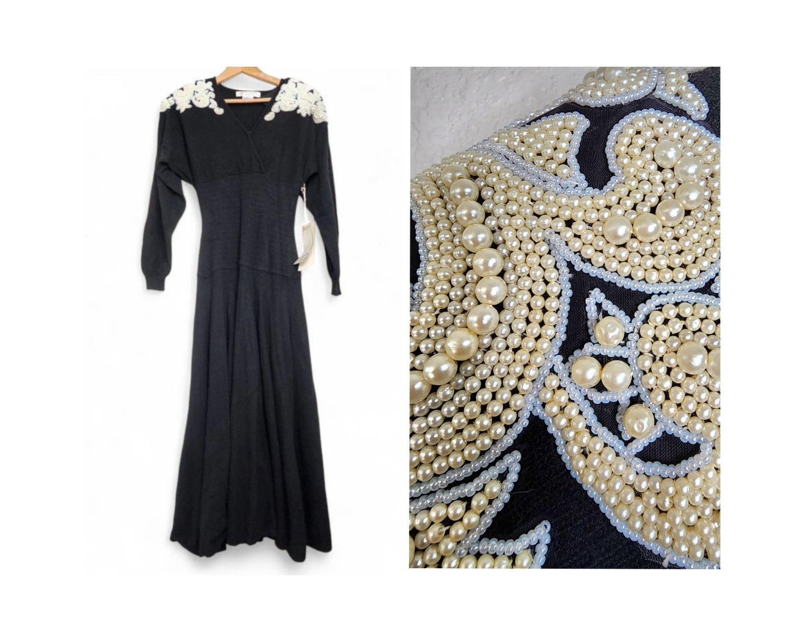 1980s Black Sweater Knit Pearl Embellished Vintage Dress By Nancy Johnson Size M