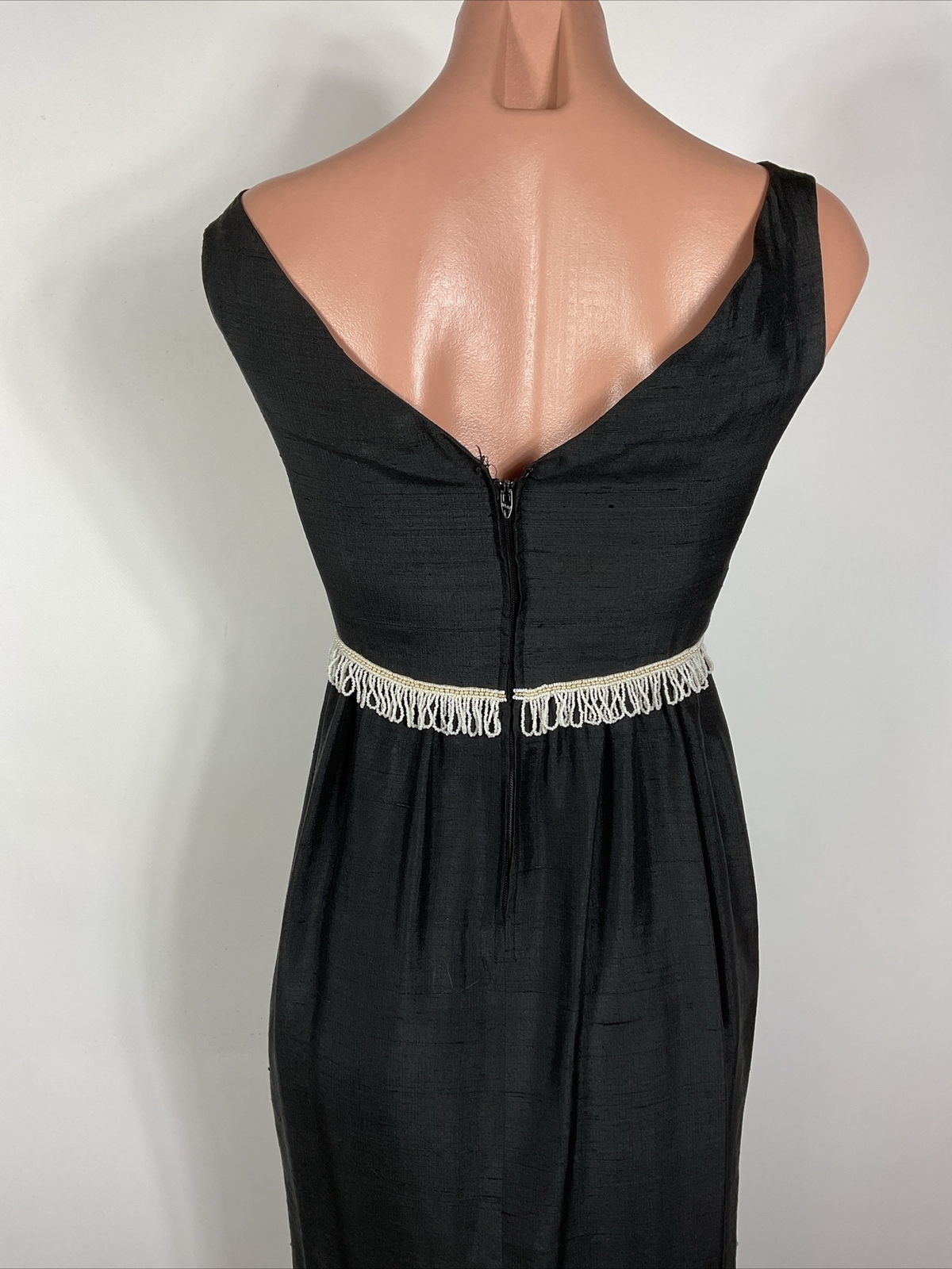 Vintage 60s Cocktail Party Sheath Dress BEADED FRINGE Little Black Dress XS/S