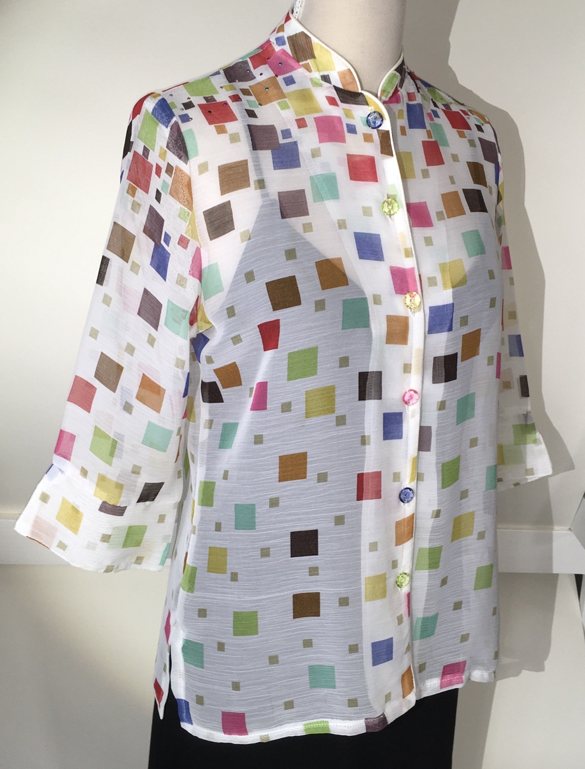 Vtg. Sheer SEA SUNS Mandarin Collar BLOUSE Tiny Multi Color Studs & Buttons RARE