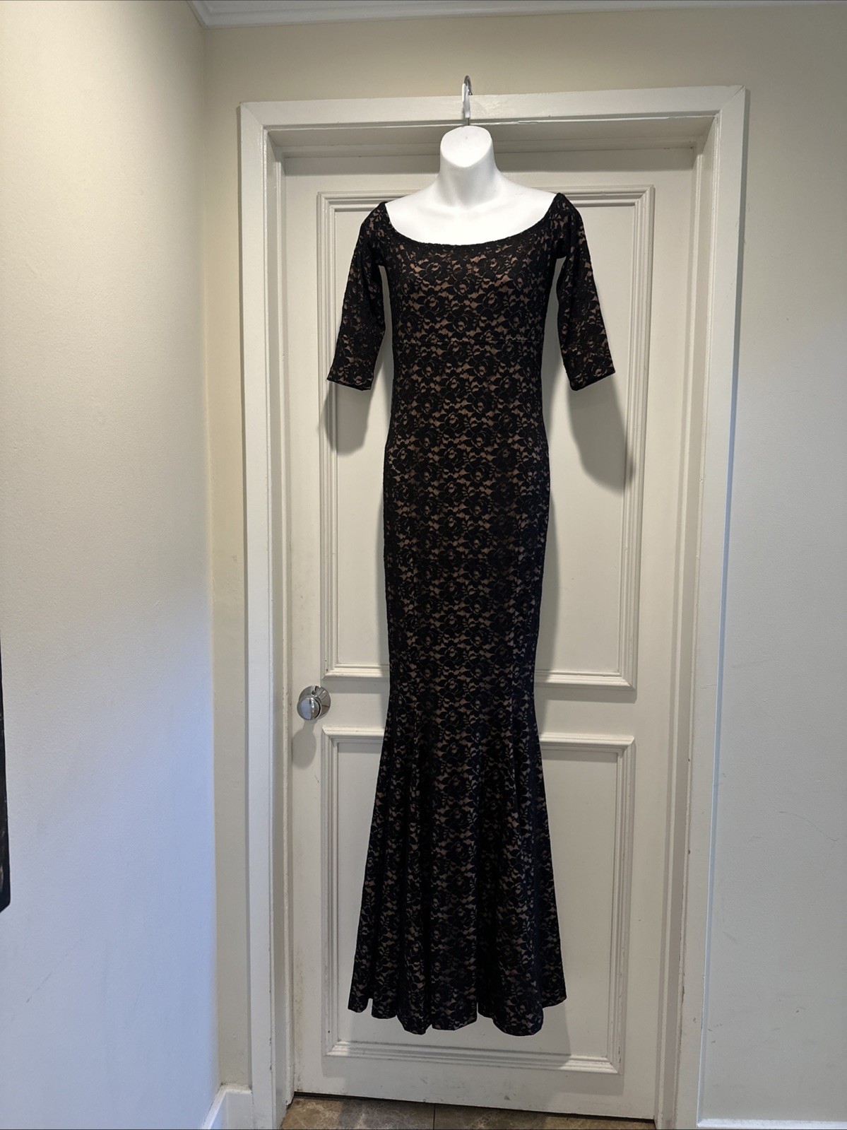 Omo Norma Kamali 90s Black Lace & Nude Shoulder Baring Empire Mermaid Maxi L