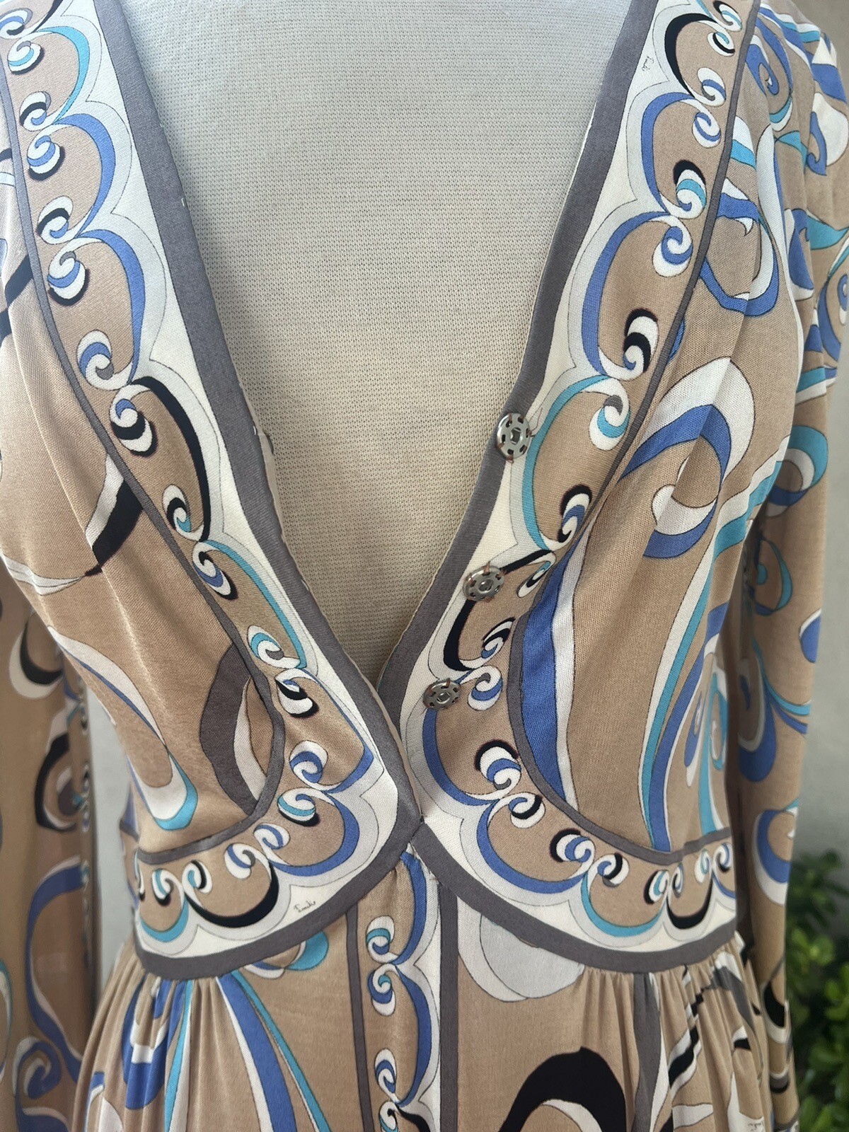 Vintage Modern 70s Emilio Pucci Maxi Dress Beige Blue Silk Polyester Sz small