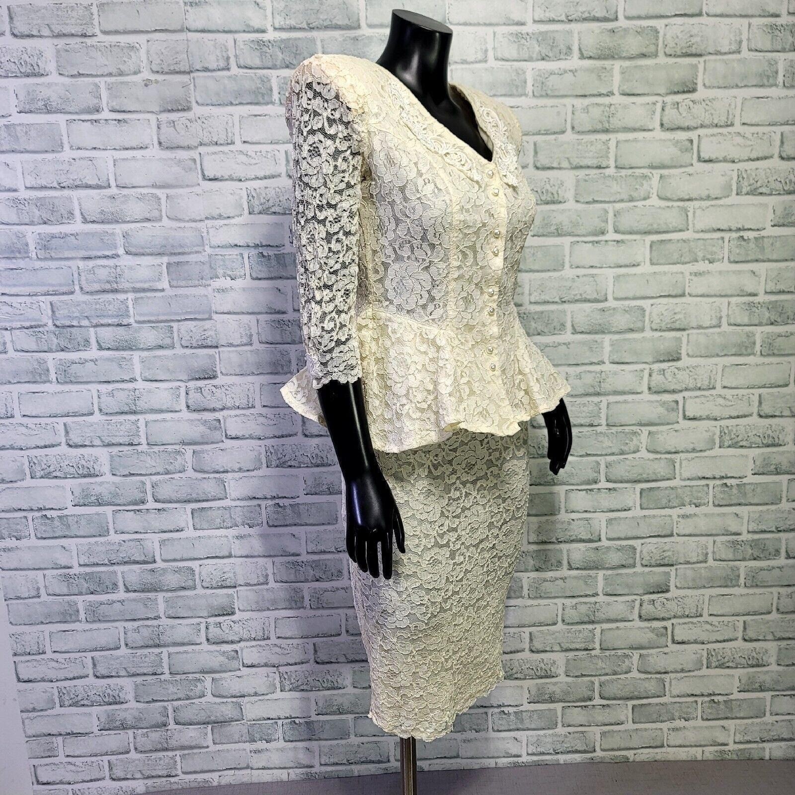 Vintage 80s Termeh NY S Ivory Lace Peplum Skirt Suit Set Bridal Jackie O