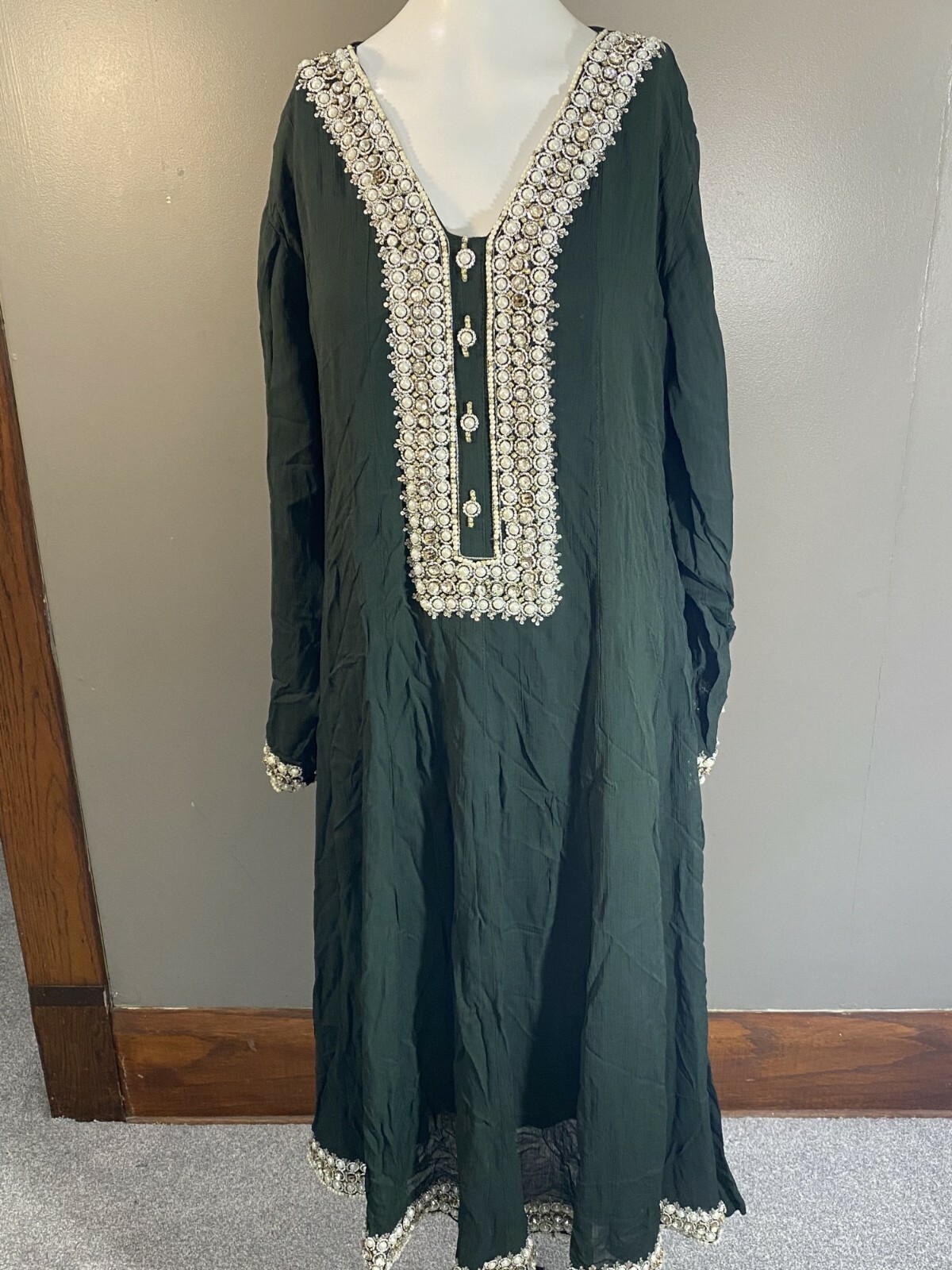 Sha Posh Women’s Dark Green Dress Long Sleeve with Pearls & Jewels Accents Size