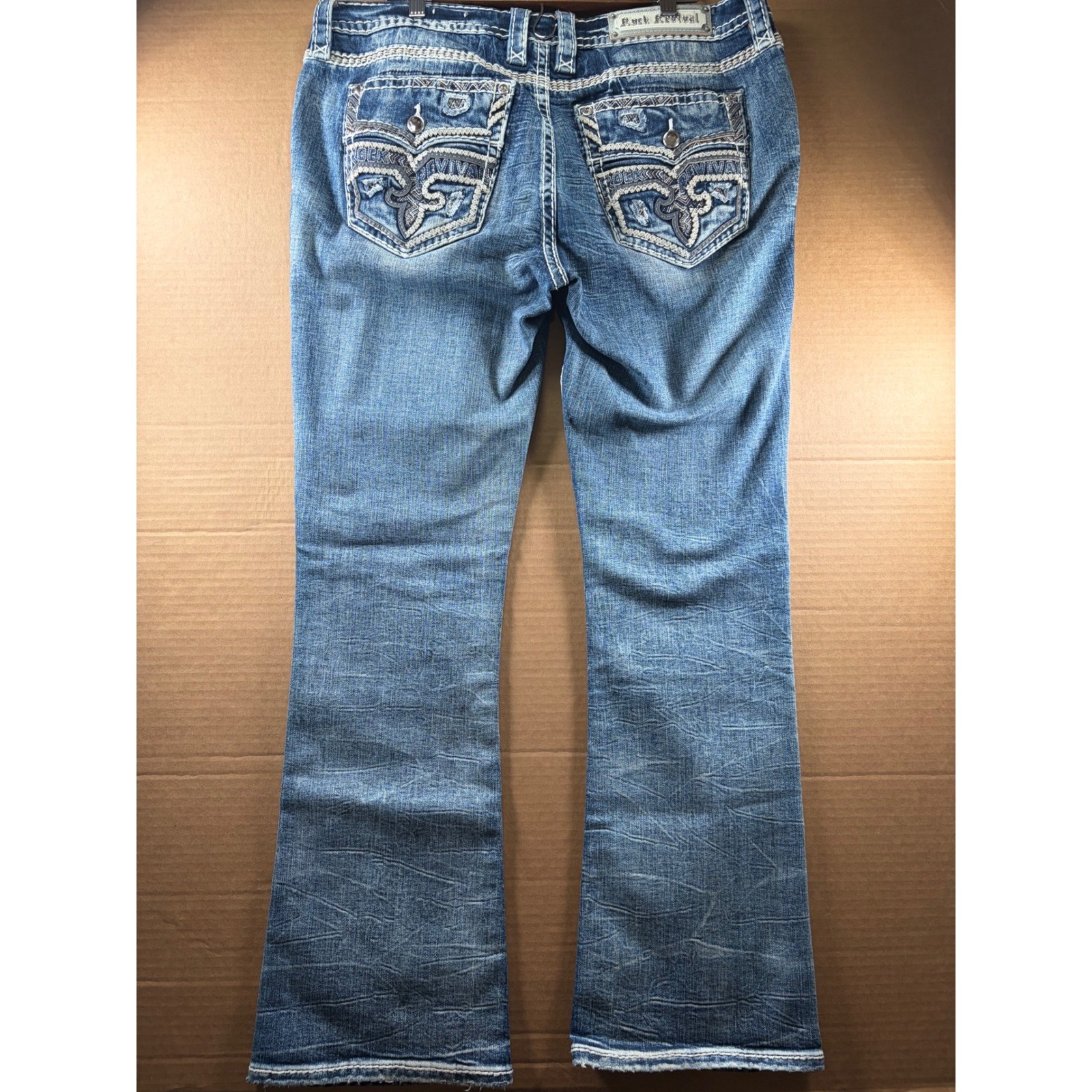 Rock Revival Hee Boot Jeans Womens 36×30 Blue Thick Stitch Flap Pocket Denim