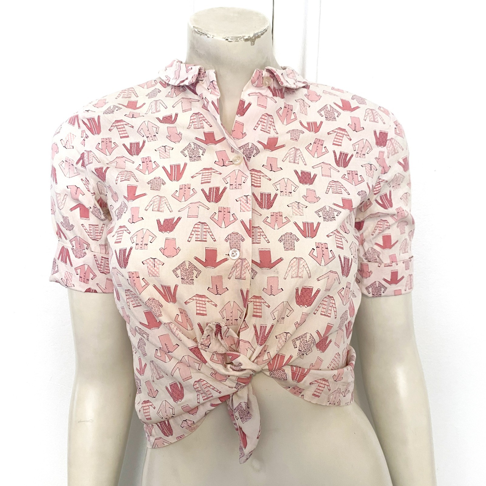 Vintage 1950s Pink White Novelty Print Cotton Crop Top Shirt Blouse Size XS
