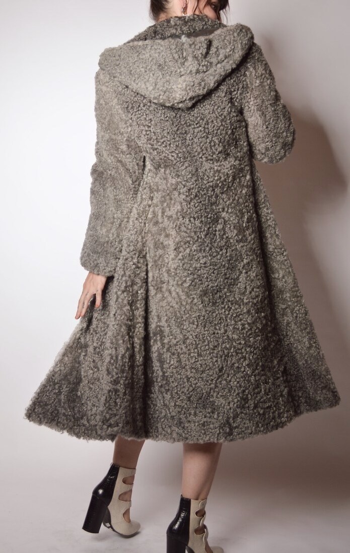 Vintage 50s Gray Greige Curly Viking Lamb Hooded Coat L EUC RARE