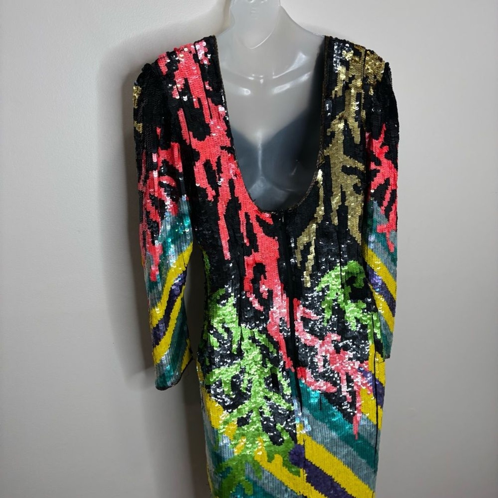 Vintage 80s fully Sequin beaded dress colorful abstract art to wear fits small