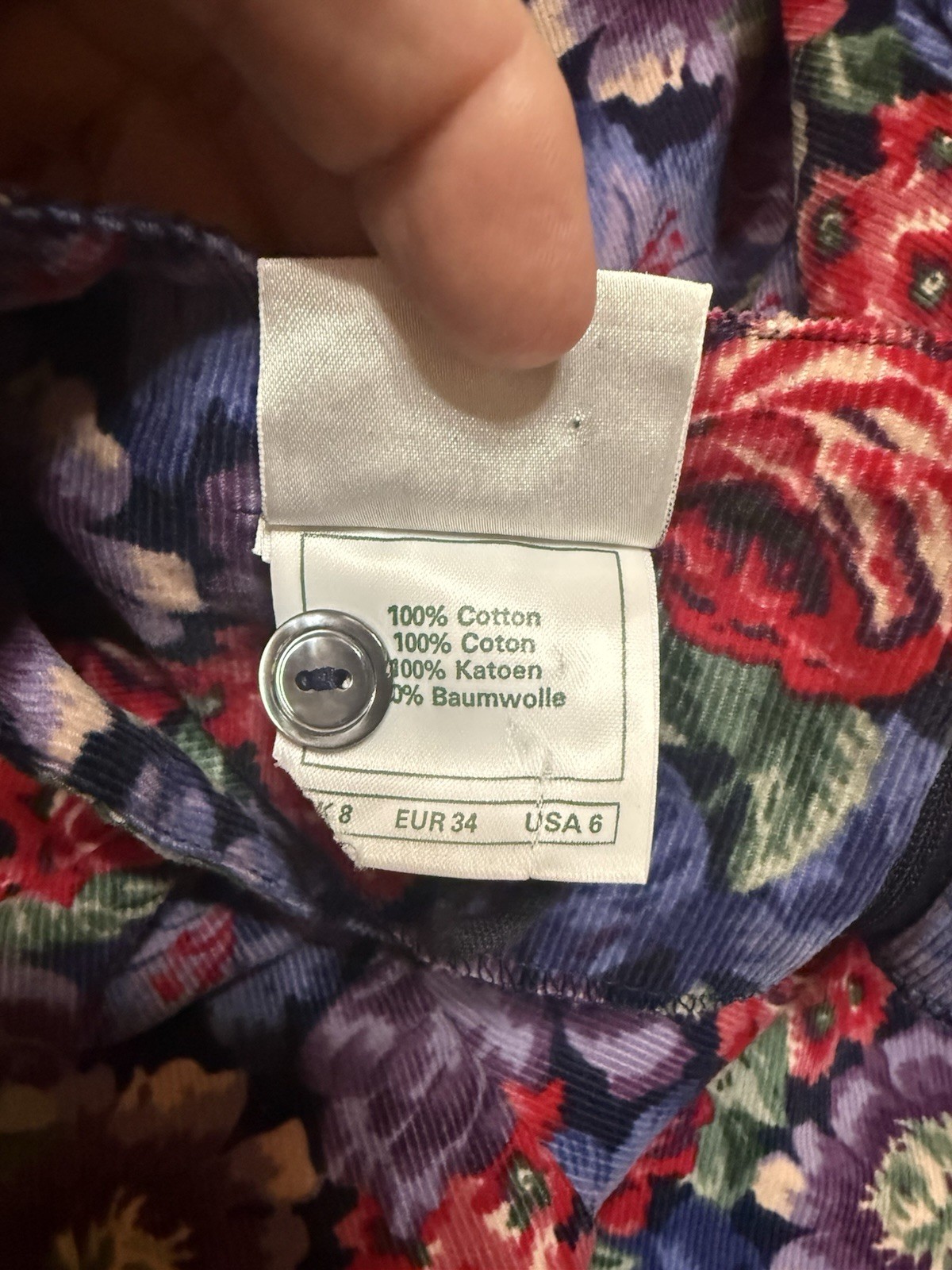VTG 90s Laura Ashley Blue Red Purple Floral Puff Sleeve Corduroy Dress 6 (S)