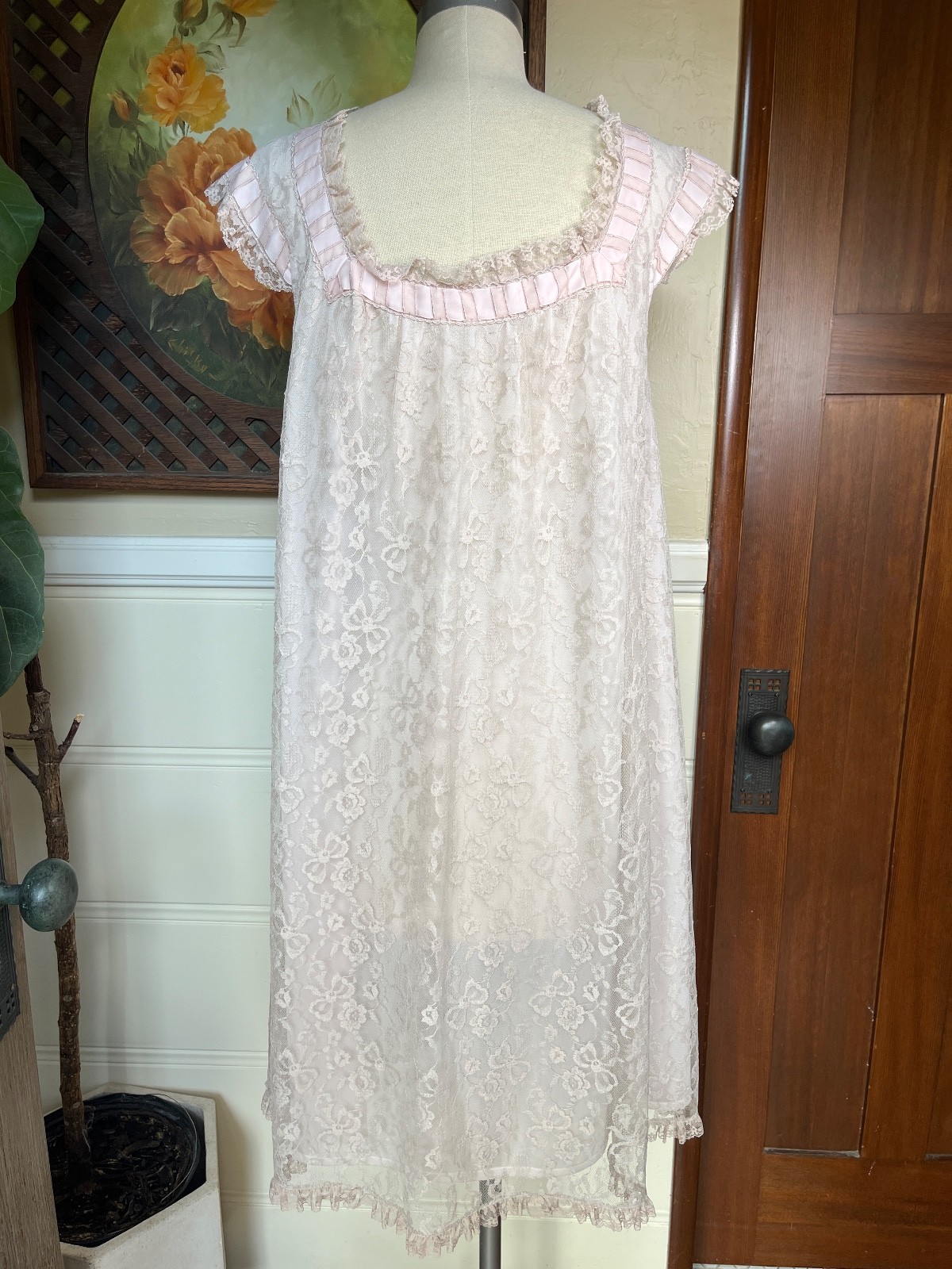 VTG Odette Barsa Floral Lace Robe & Pink Chiffon Nightgown Peignoir Coquette M/L