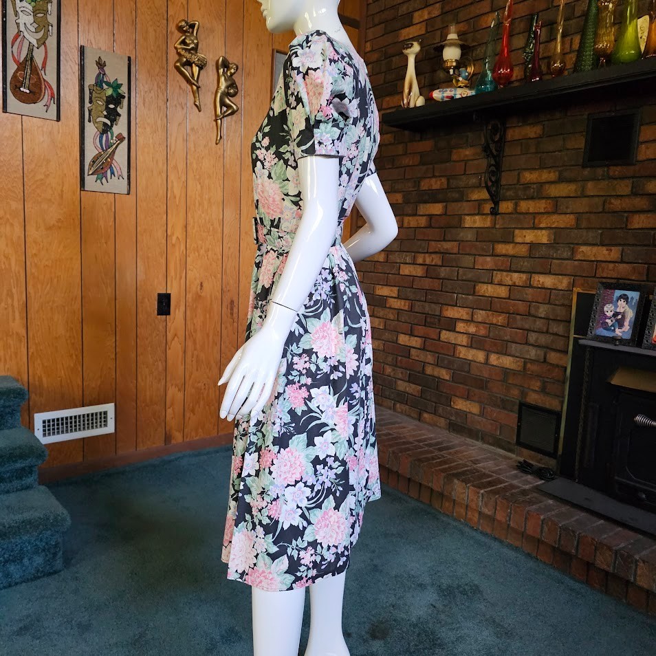 Vtg 80s Huge Puff Romantic Granny Floral Belted Shirtwaist Pockets Tea Dress M