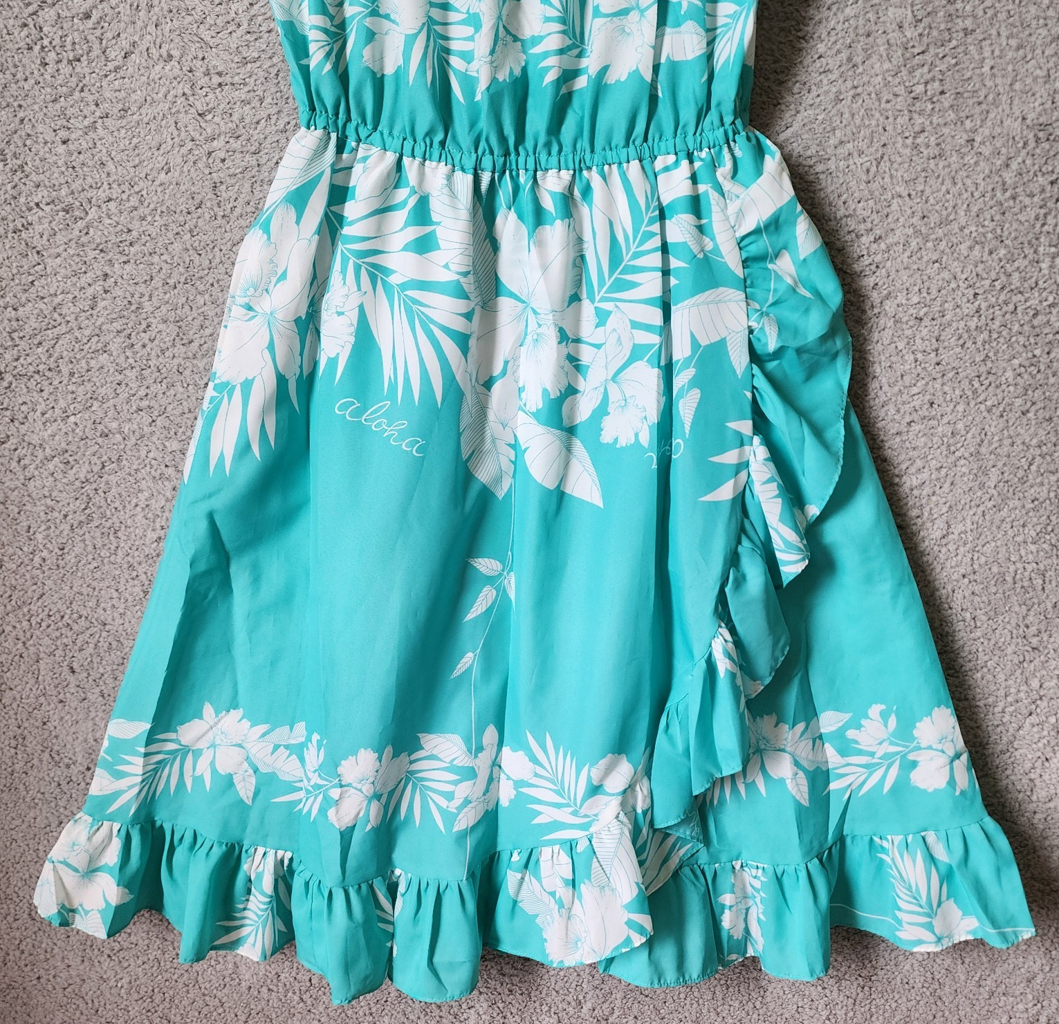 Vtg Royal Princess L Hawaii Dress Tropical Blue White Floral Off Shoulder Ruffle