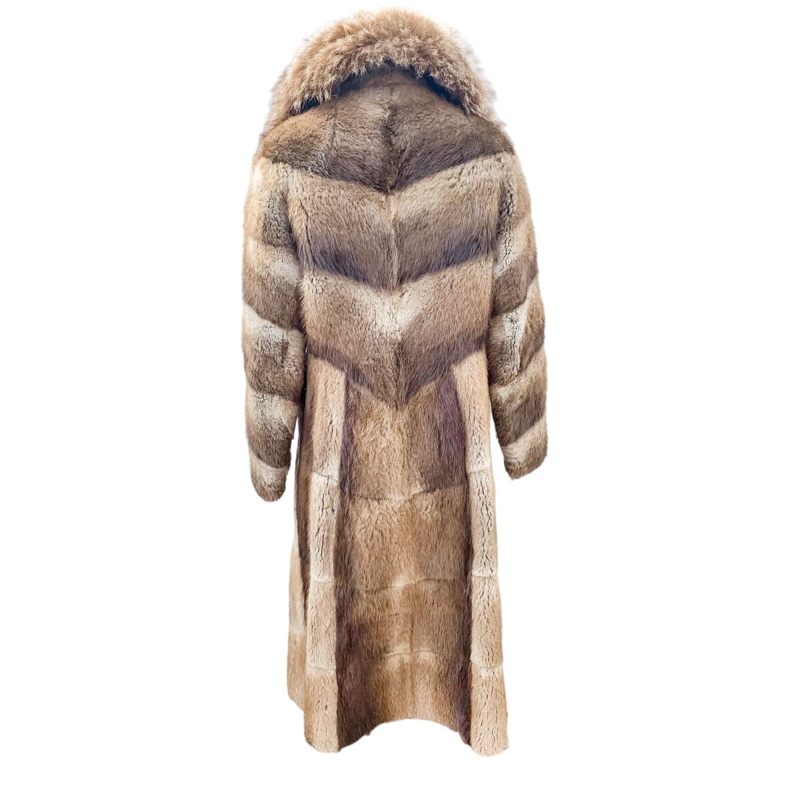 VTG 70s Beaver Fur Patchwork Coat Raccoon Collar Trench Boho Glam S M