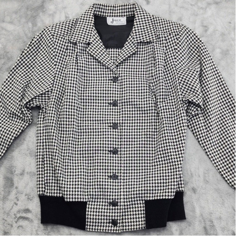 Vintage Joyce Sportswear Jacket Womens XS Black White Houndstooth Bomber Pockets
