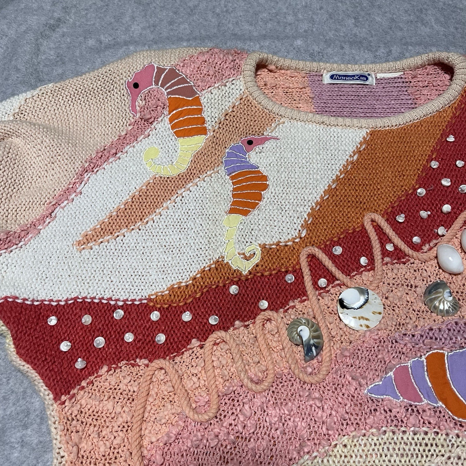 VTG Women’s Mariea Kim Sweater Seashells Seahorse Beach Summer Embroidered READ