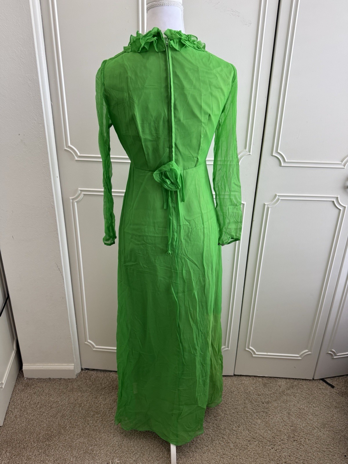 Vintage 70s Lorrie Deb San Francisco Green Ruffle Maxi Dress – Size 7/8
