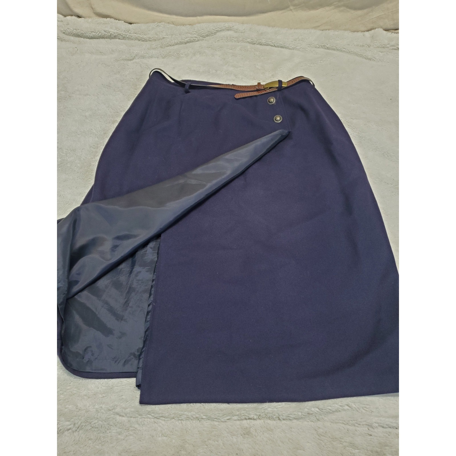 Vintage Navy Blue Wool A Line Wrap Belted Skirt 20W Academia Twee Office Classic