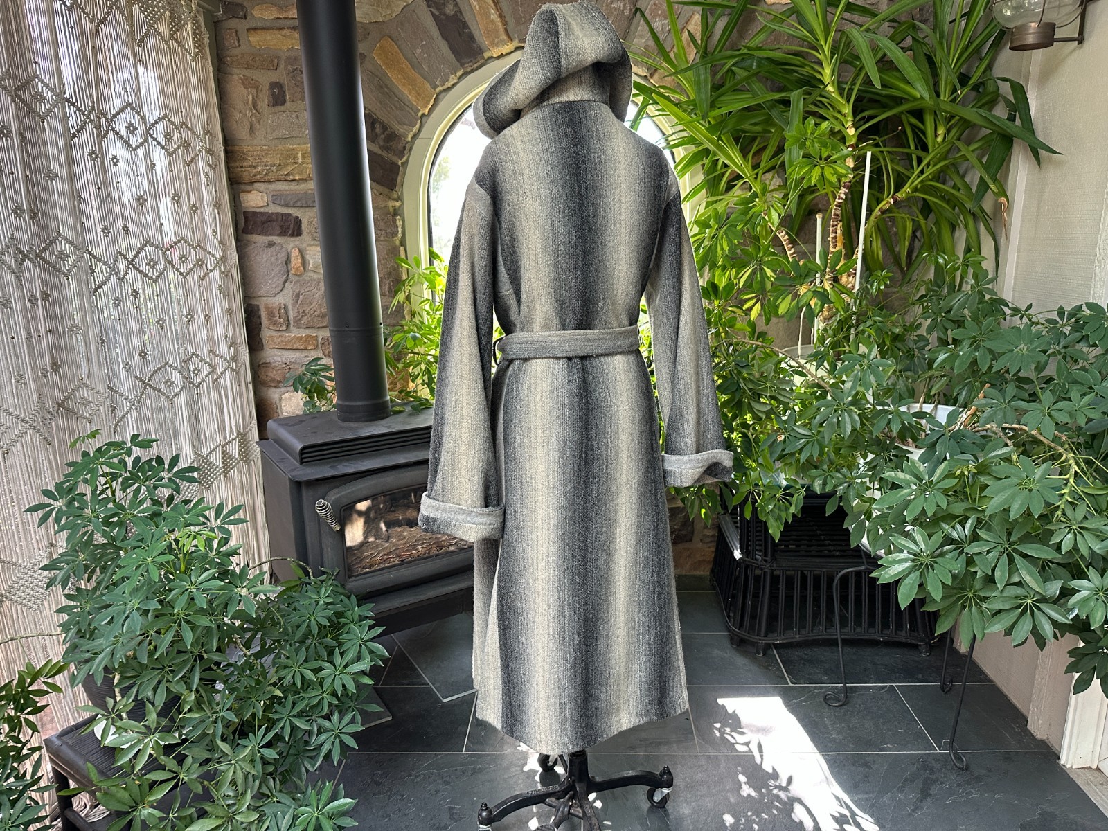 Vintage 1970s Variegated Gray Striped Wool Belted Hooded Coat Casa de Lana