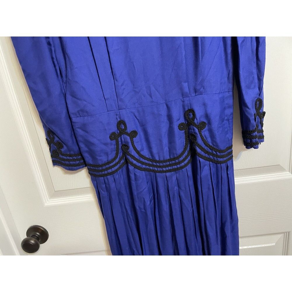 Vtg Sarah Elizabeth Sapphire Blue Long Dress Black Cord Detail Button Back Sz 12