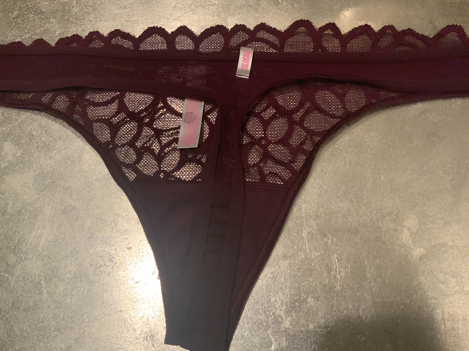 Vtg Victoria’s Secret Pink L Wine Lace Bikini Thong String Panties Panty