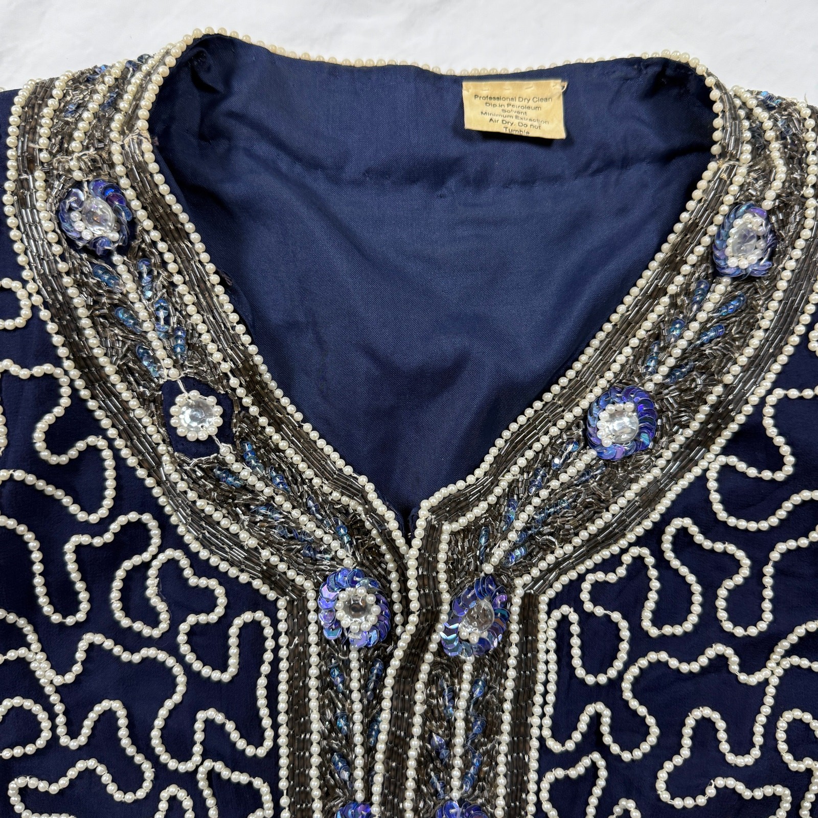 Vintage Stenay Sequin Navy Cocktail Jacket Beaded Pearl XL Long Sleeve
