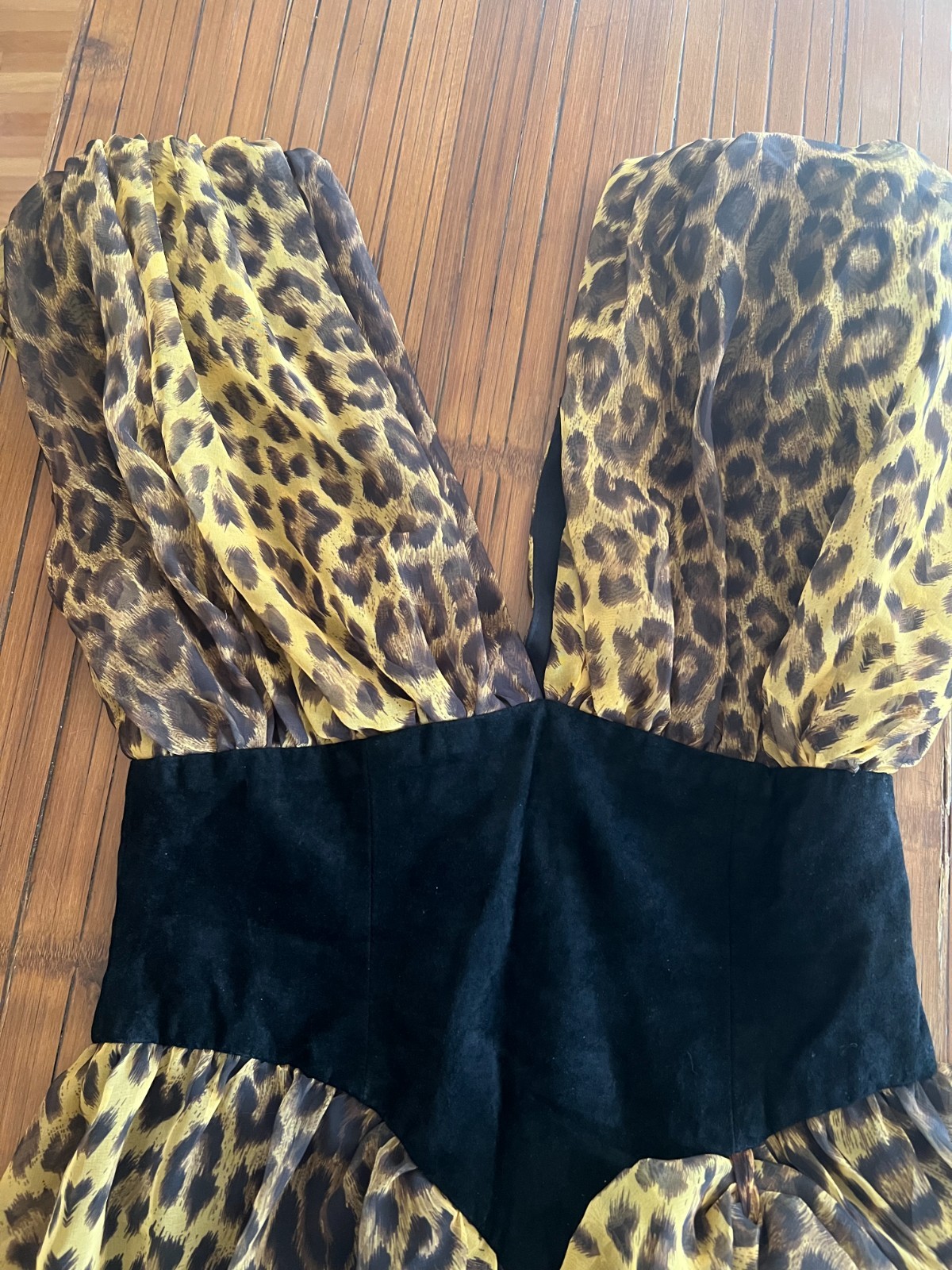 VTG 80s Climax Karen Okada for David Howard Leopard Chiffon & Suede Bodice 11/12