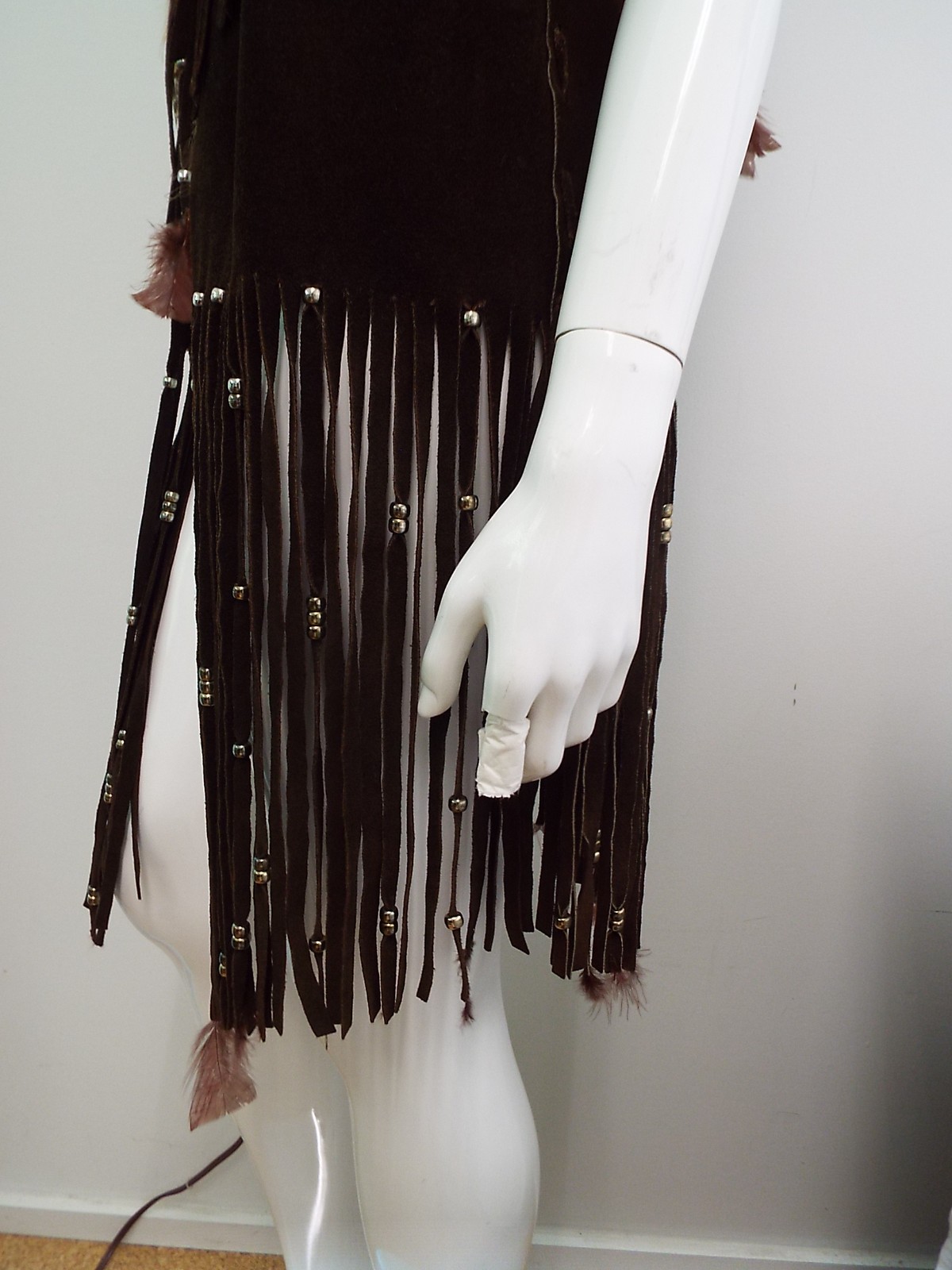 VTG 1970s Long Brown Suede Fringe Tunic Vest HIPPIE Feathers Beads Festival Boho