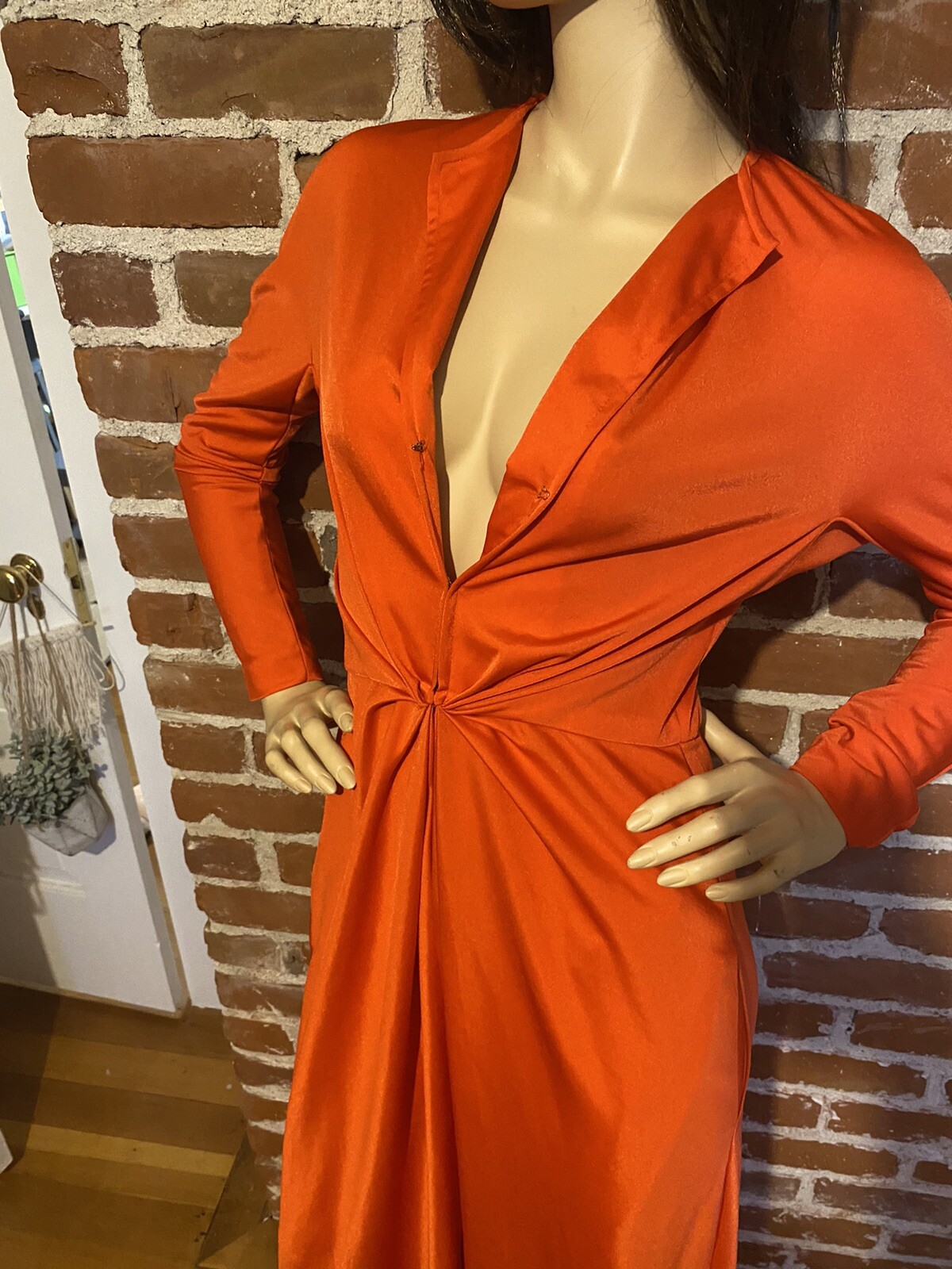 Halston IV Vintage 70s Women’s Dorian Caftan Maxi Dress Orange Red O/S Deep V