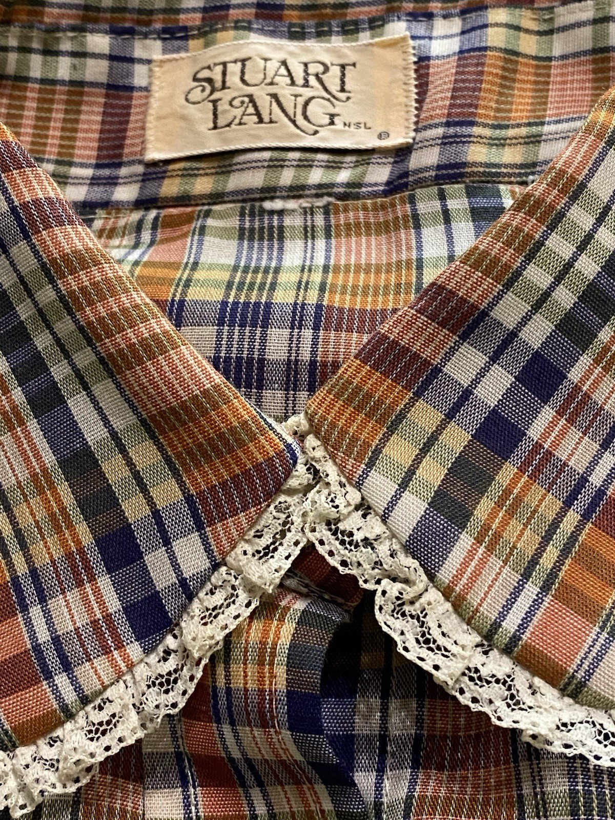 Vintage 70s/80s Stuart Lang Women’s Plaid Lace Collar Blouse Sz.S