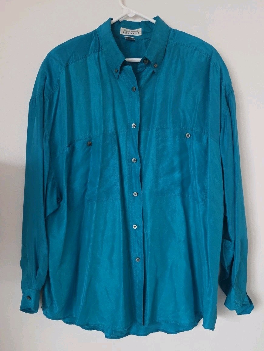 Vintage Compagnie Internationale Express 100% Silk L/S Top Blue/Teal Size Large