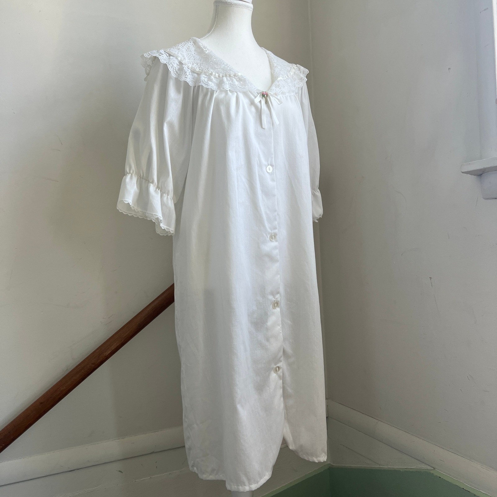 Vintage Cotton Blend Nightgown Medium White Lace Button Front Cottagecore Dress
