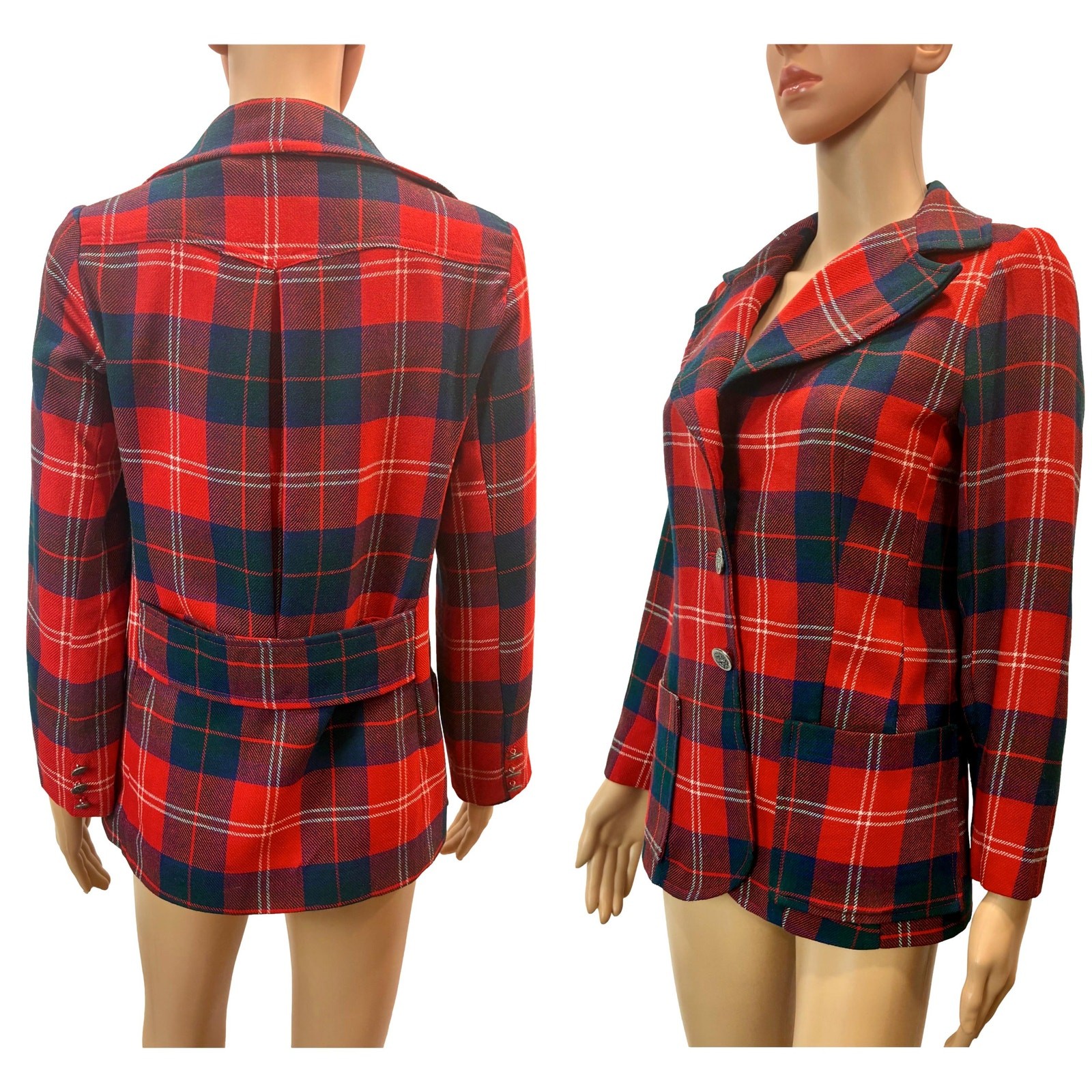 VTG 70s Red Tartan Plaid Blazer Riding Jacket Wool Blend Small