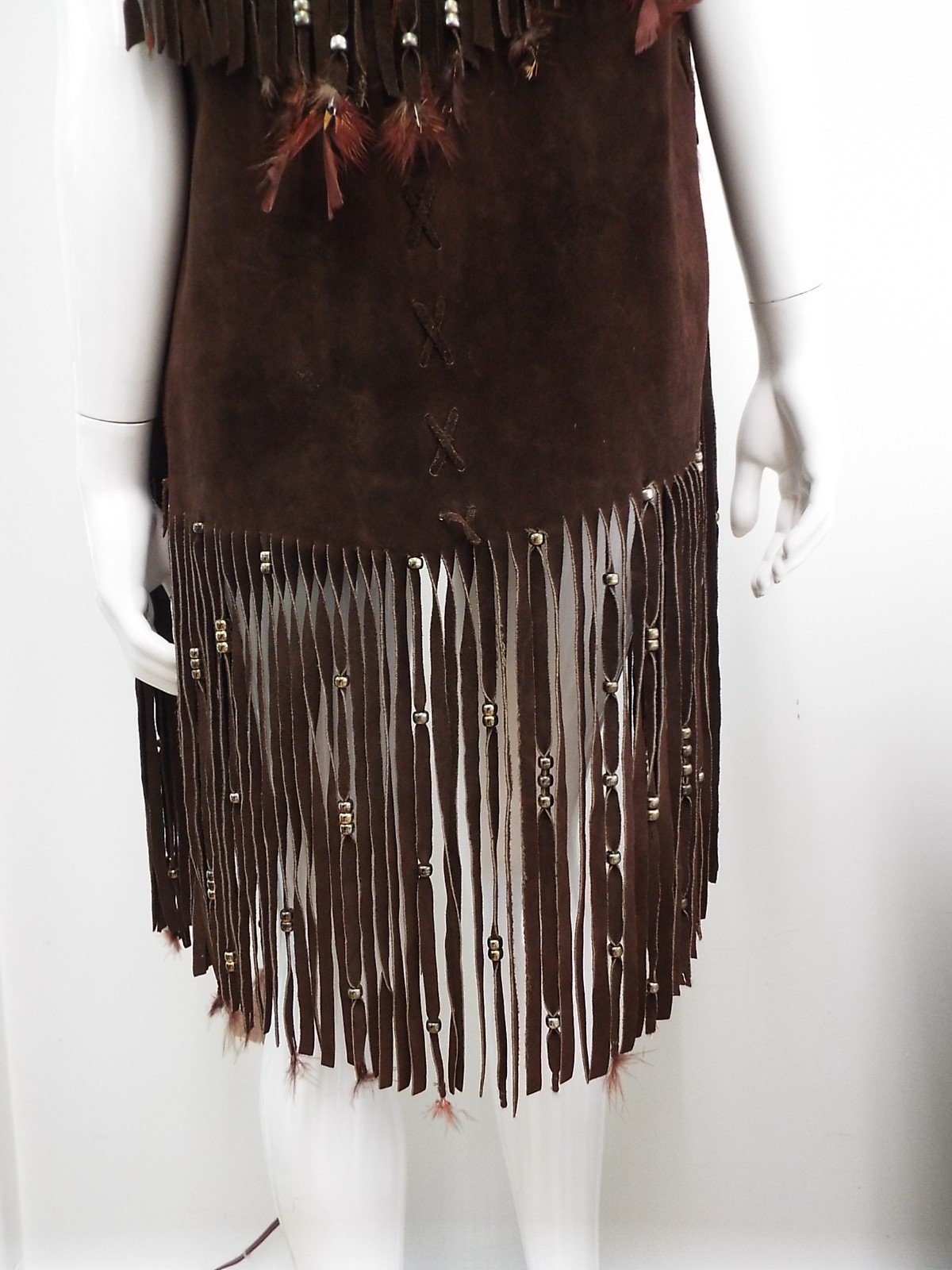 VTG 1970s Long Brown Suede Fringe Tunic Vest HIPPIE Feathers Beads Festival Boho