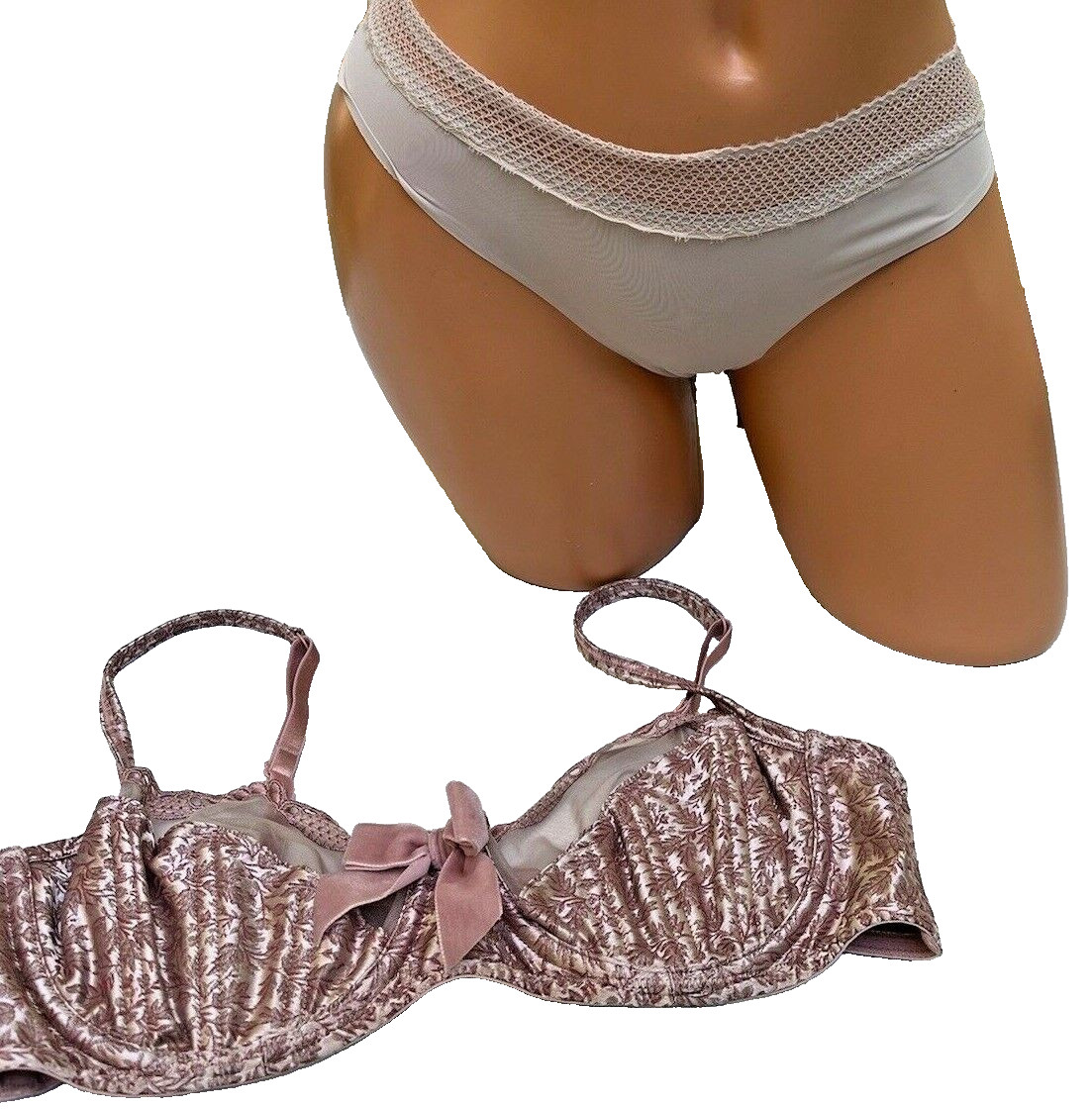 Vtg Victorias Secret Bra Satin Pink Brocade Textured Leaf Y2K + Free Panty M 36C