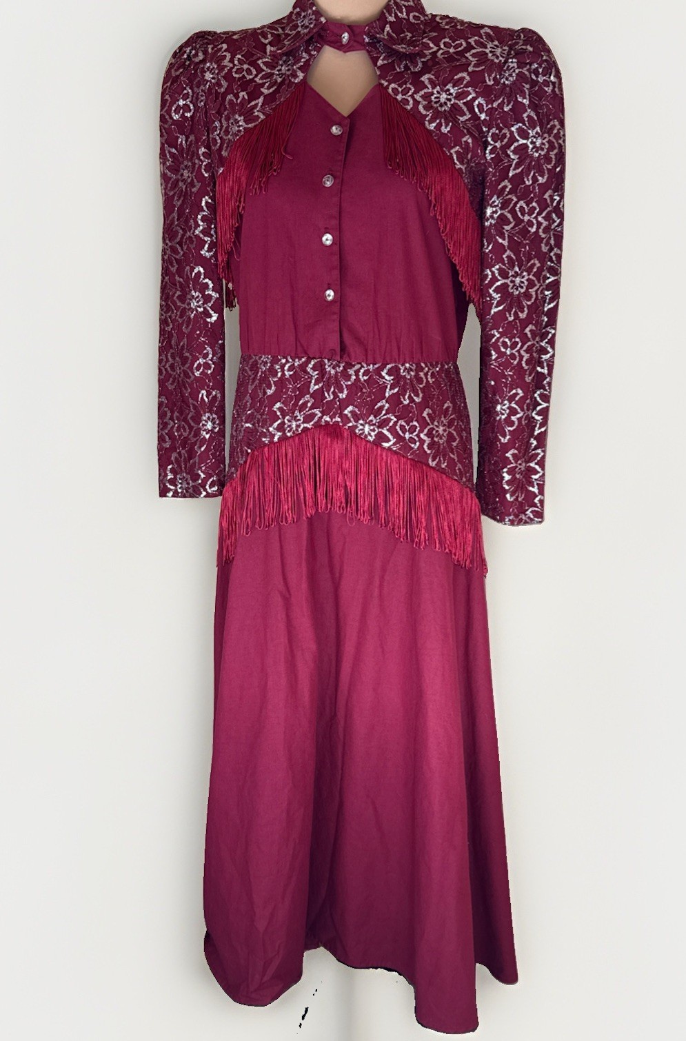 VTG Lilia Smith Smitty Dress Rodeo FRINGE Lace Country Western RED Silver Button