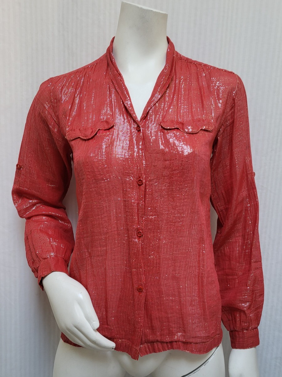 Vintage 1970’s Red Cotton Silver Lurex Stripe BLOUSE Top India – Size S/M
