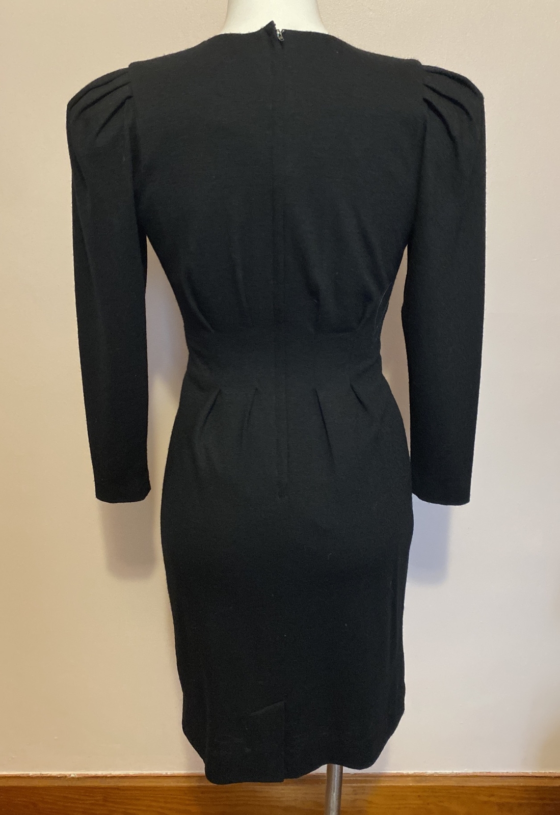 VTG 80s Fosha Long Puff Sleeve Wool Lined Pleated Waist Sheath Dress 4