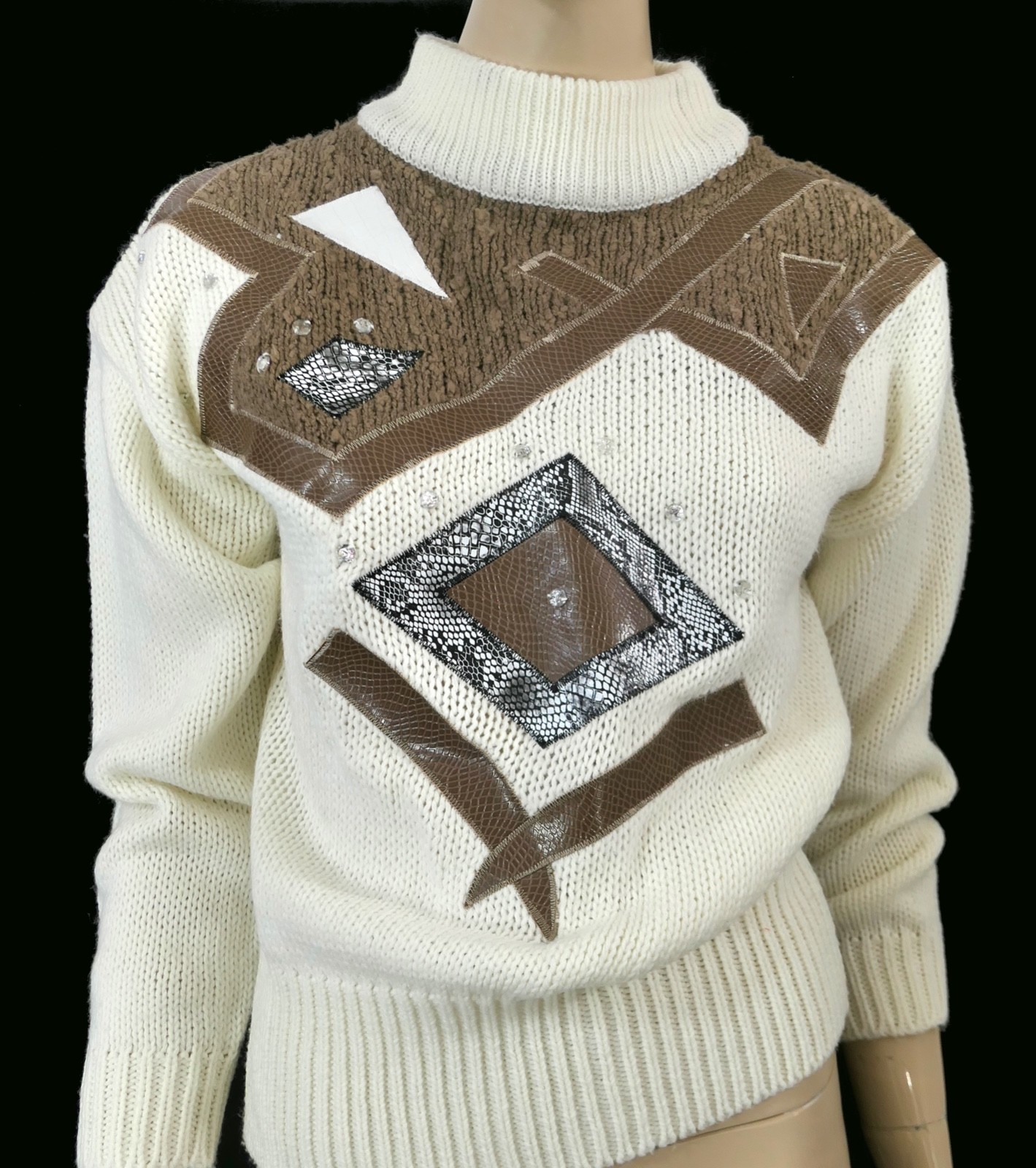 80s Vintage Cristina Ivory Perkins Collar Sweater Vinyl Snake Patchwork Gem L