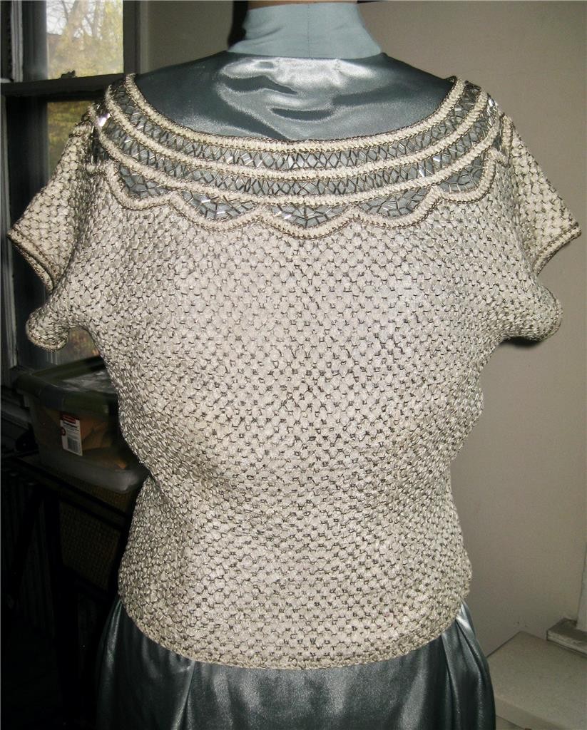vintage 40s rare WOVEN RIBBON Metallic Blouse BEADED Fancy NECKLINE Party SM GR8