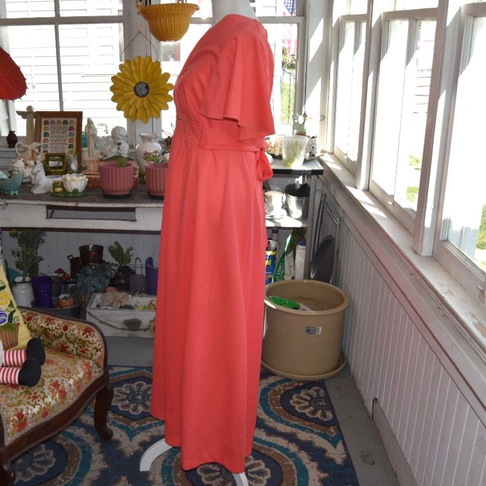 Vintage 70s Coral Hostess Gown Maxi Dress Empire Waist Flutter Sleeve L