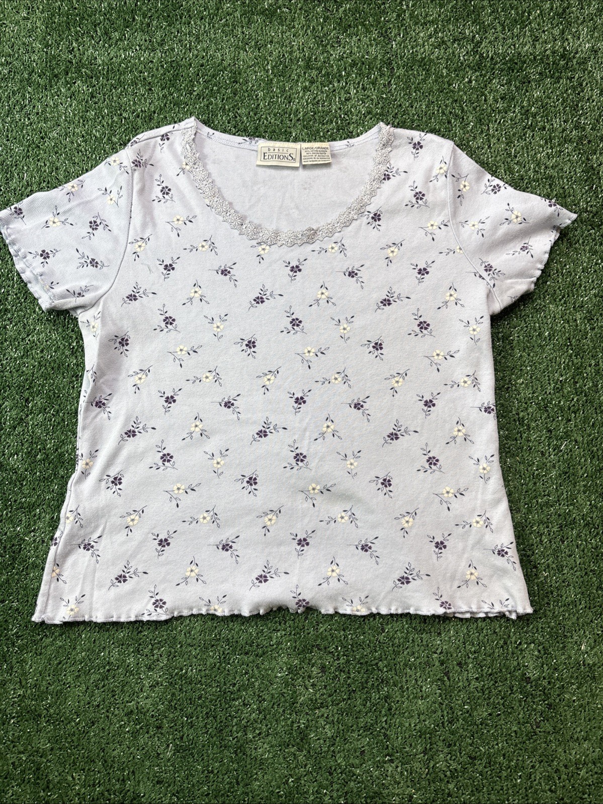 Vtg 90’s Basic Editions Short Sleeve Top Knit Floral Flowers Size Large