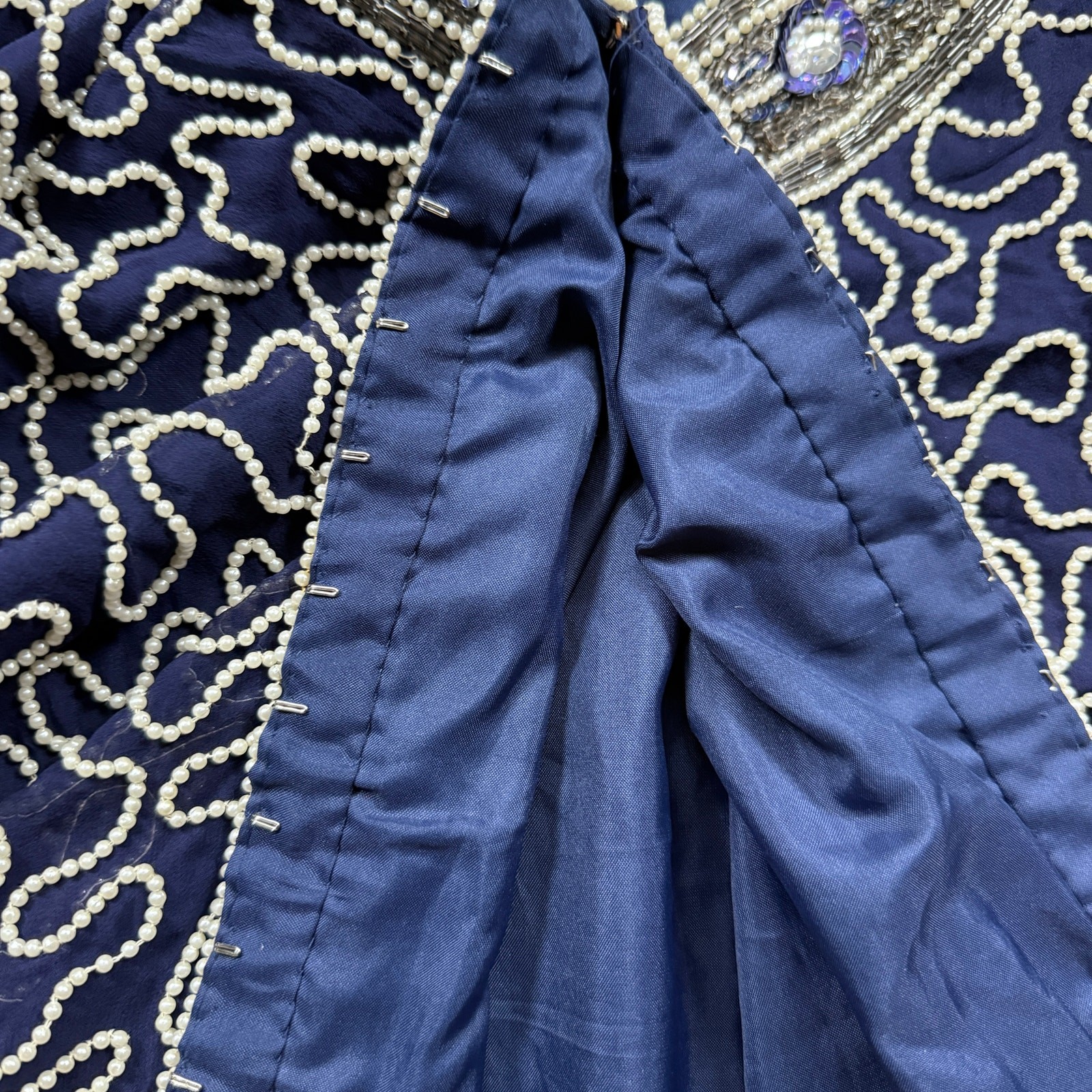 Vintage Stenay Sequin Navy Cocktail Jacket Beaded Pearl XL Long Sleeve