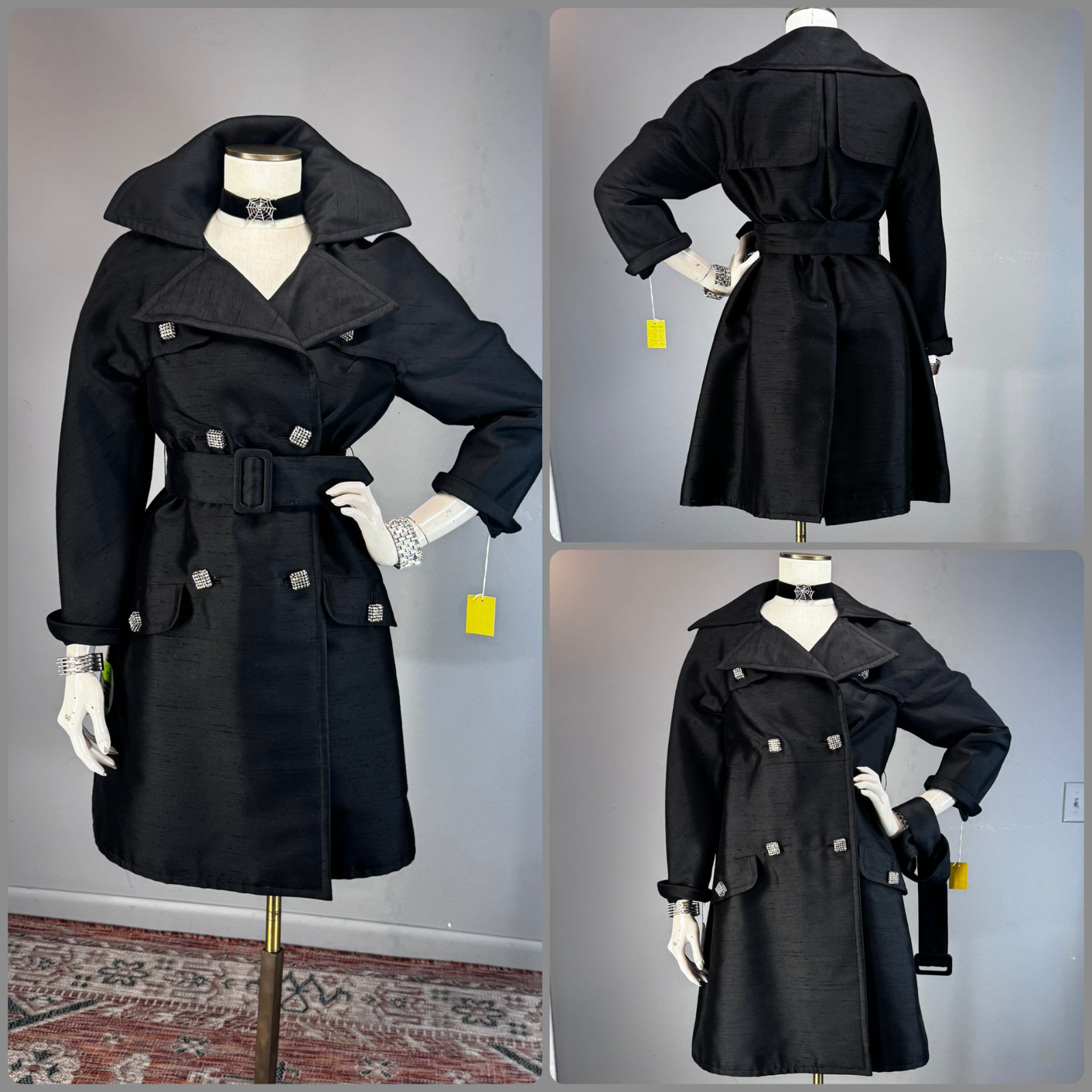 Vtg Coat 60s MOD Trench Wool Silk 3D Square Rhinestone Buttons Lasserre NOS NWT