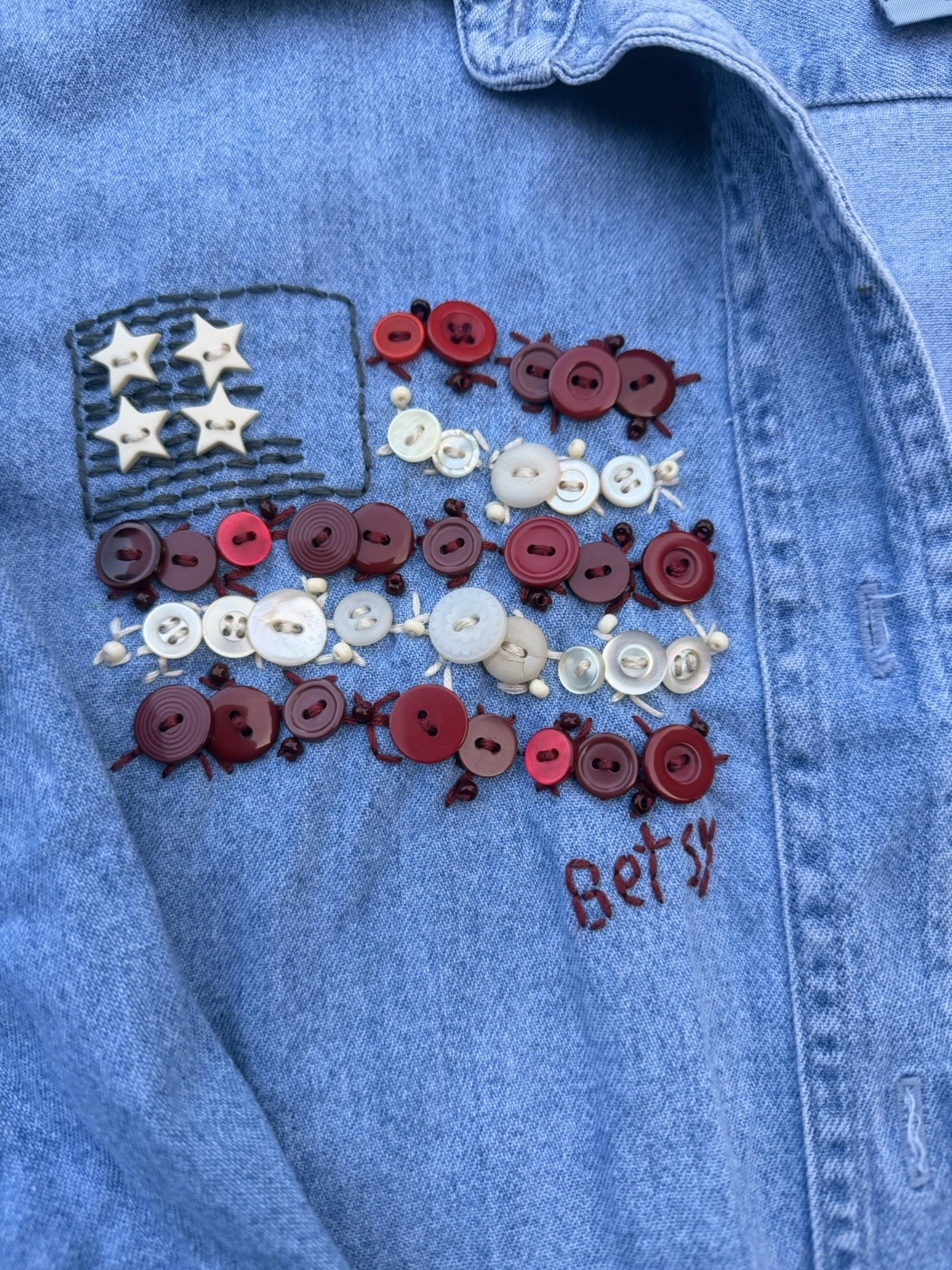 Vintage Patriotic Denim Shirt L Embroidered Faded Glory Sun Belt Denim