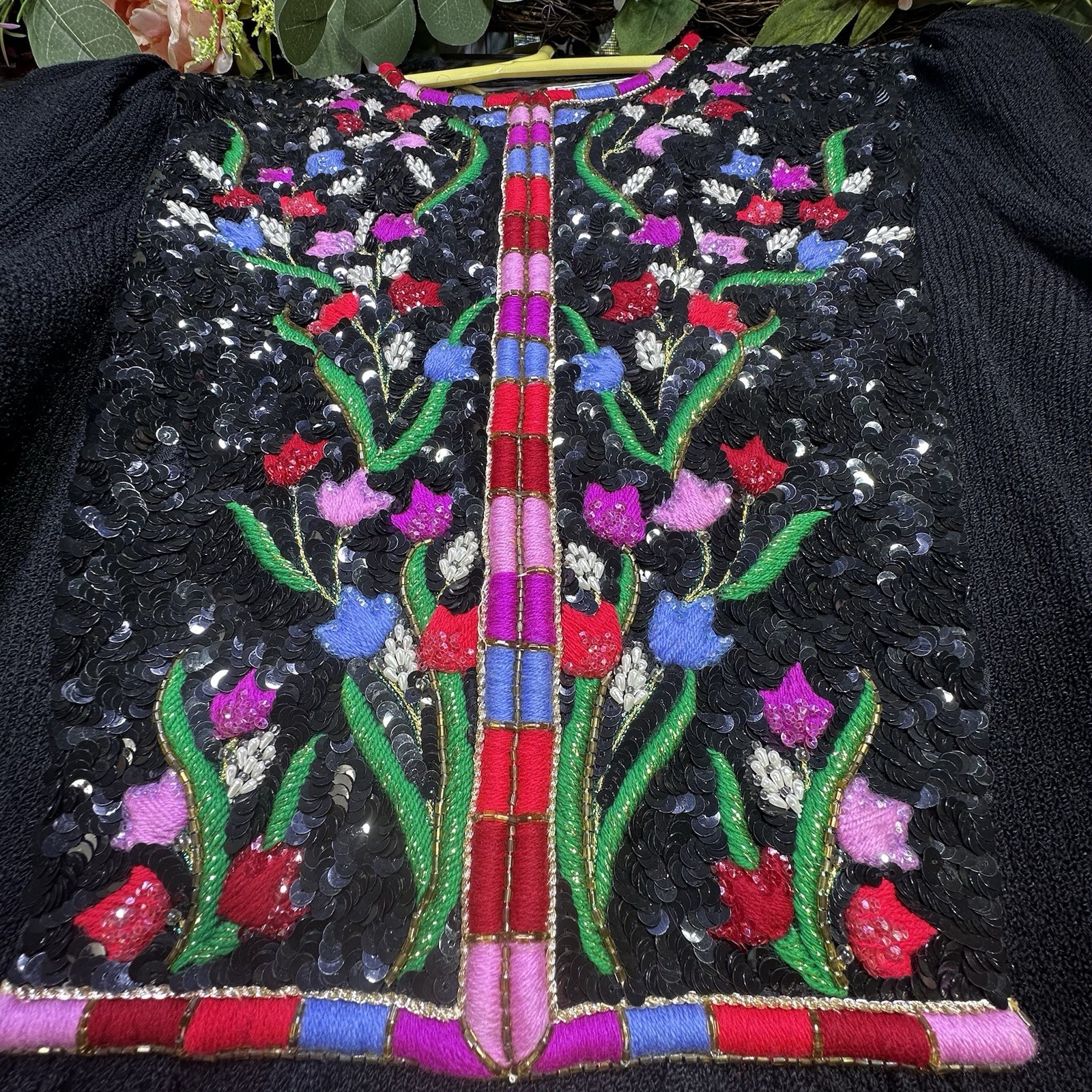 1980S PAT SANDLER FLORAL EMBROIDERED KNIT DRESS Vintage Black 4 Womens Sequin