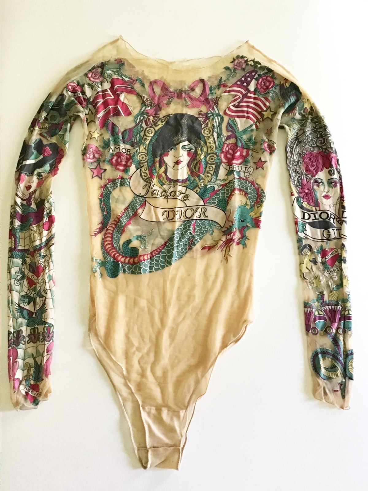 Rare CHRISTIAN DIOR BY JOHN GALLIANO SS 2004 RUNWAY NUDE SHEER TATTOO BODYSUIT