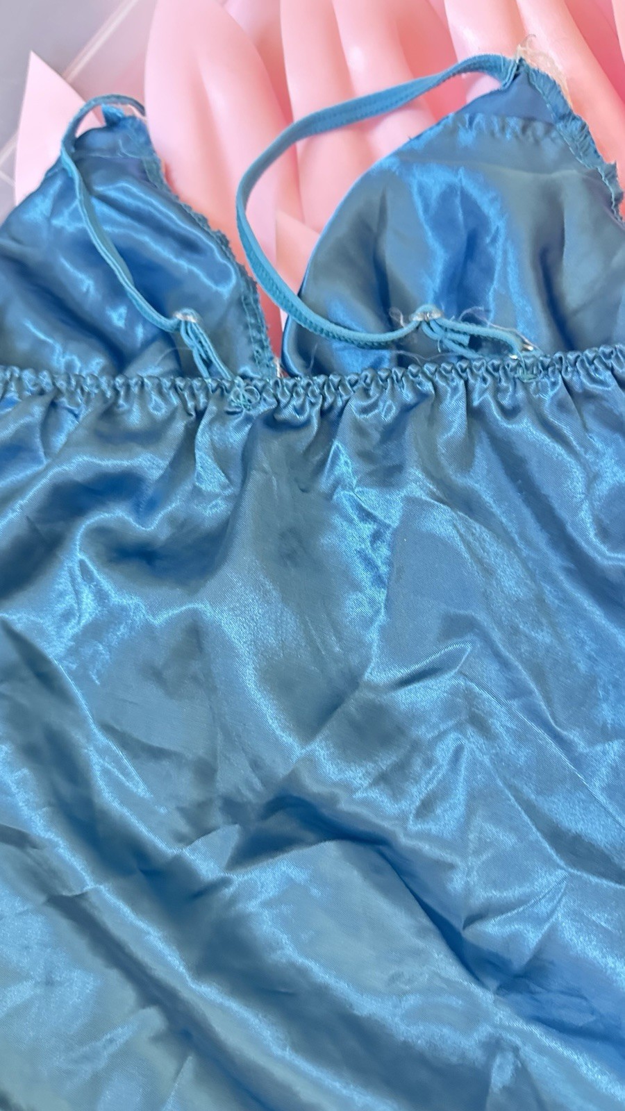 Women’s Vintage Blue Satin Slip with White Lace Trim Ribbon Bow