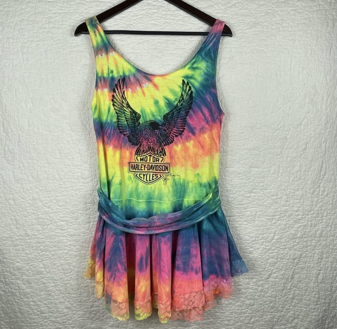 RARE VTG Harley Davidson Dress 1987 Holoubek Tie Dye Grunge Mini Flare Dress