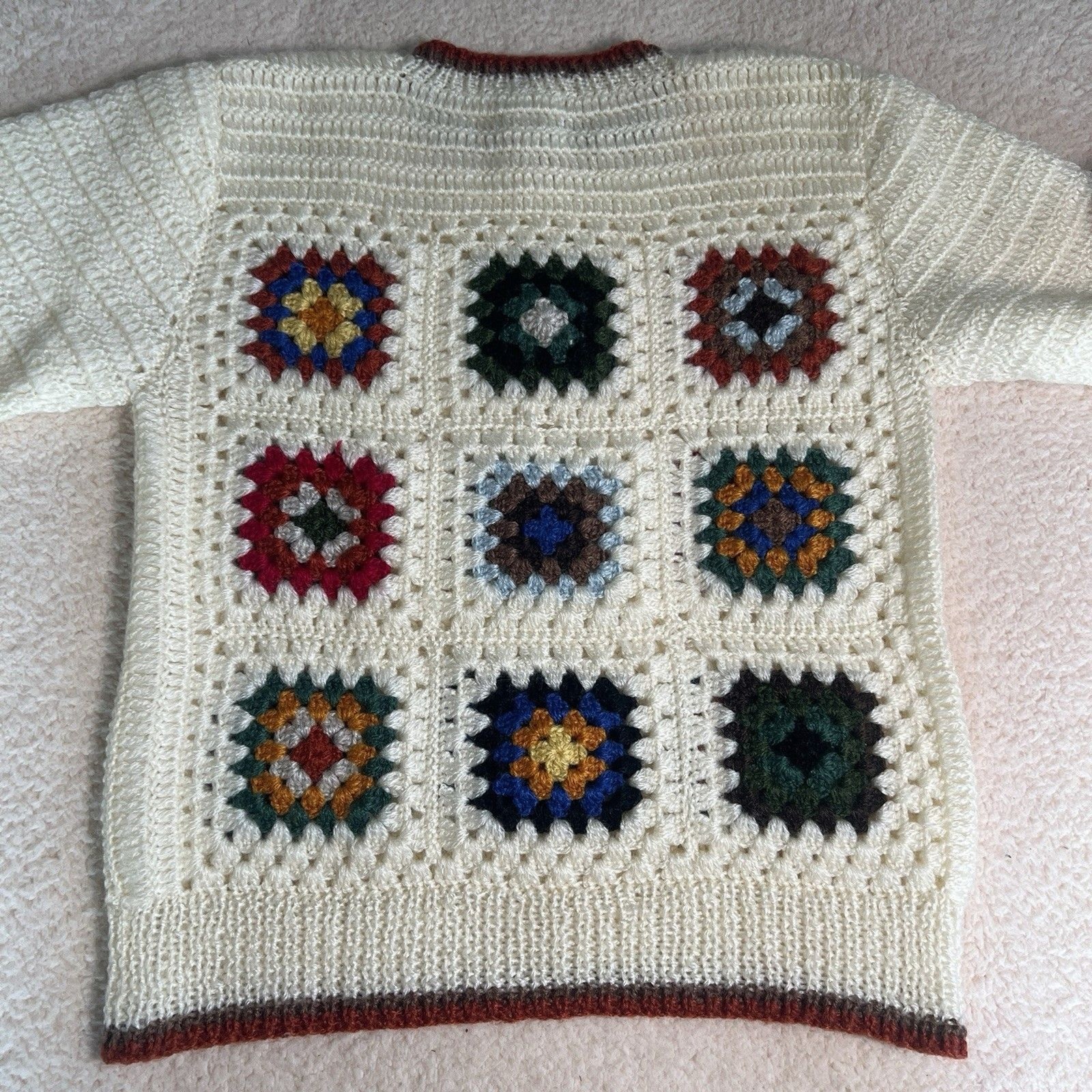 Granny Square 1960s Vintage Sweater Boho Hippie Crochet Knit Korean UNISEX M